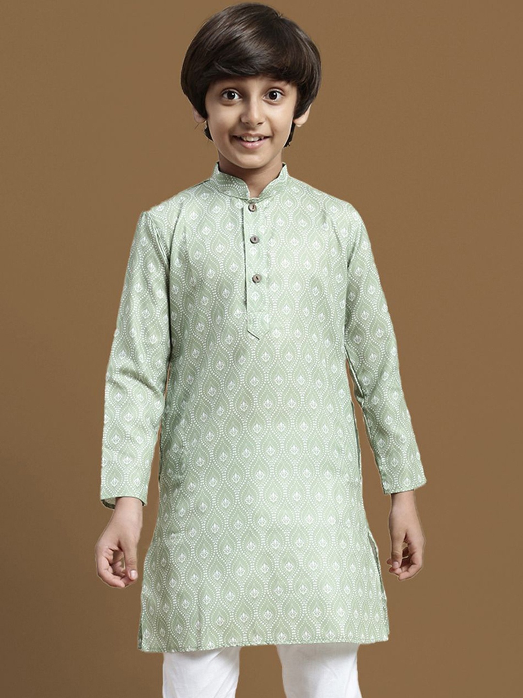 

Here&Now X Sanwara Boys Floral Printed Mandarin Collar Straight Kurta, Green