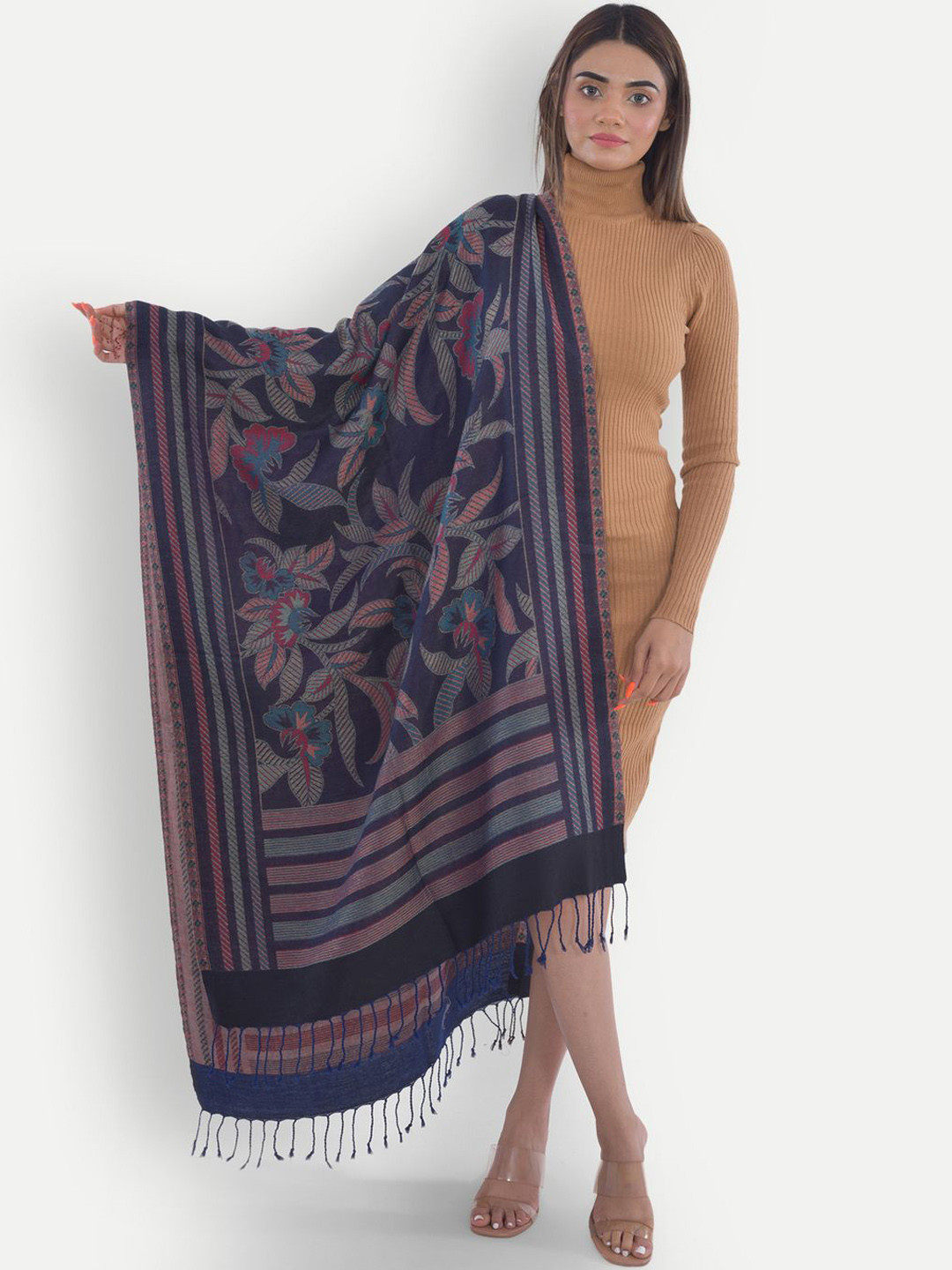 

BAISA Women Ethnic Motifs Woven Design Shawl, Blue