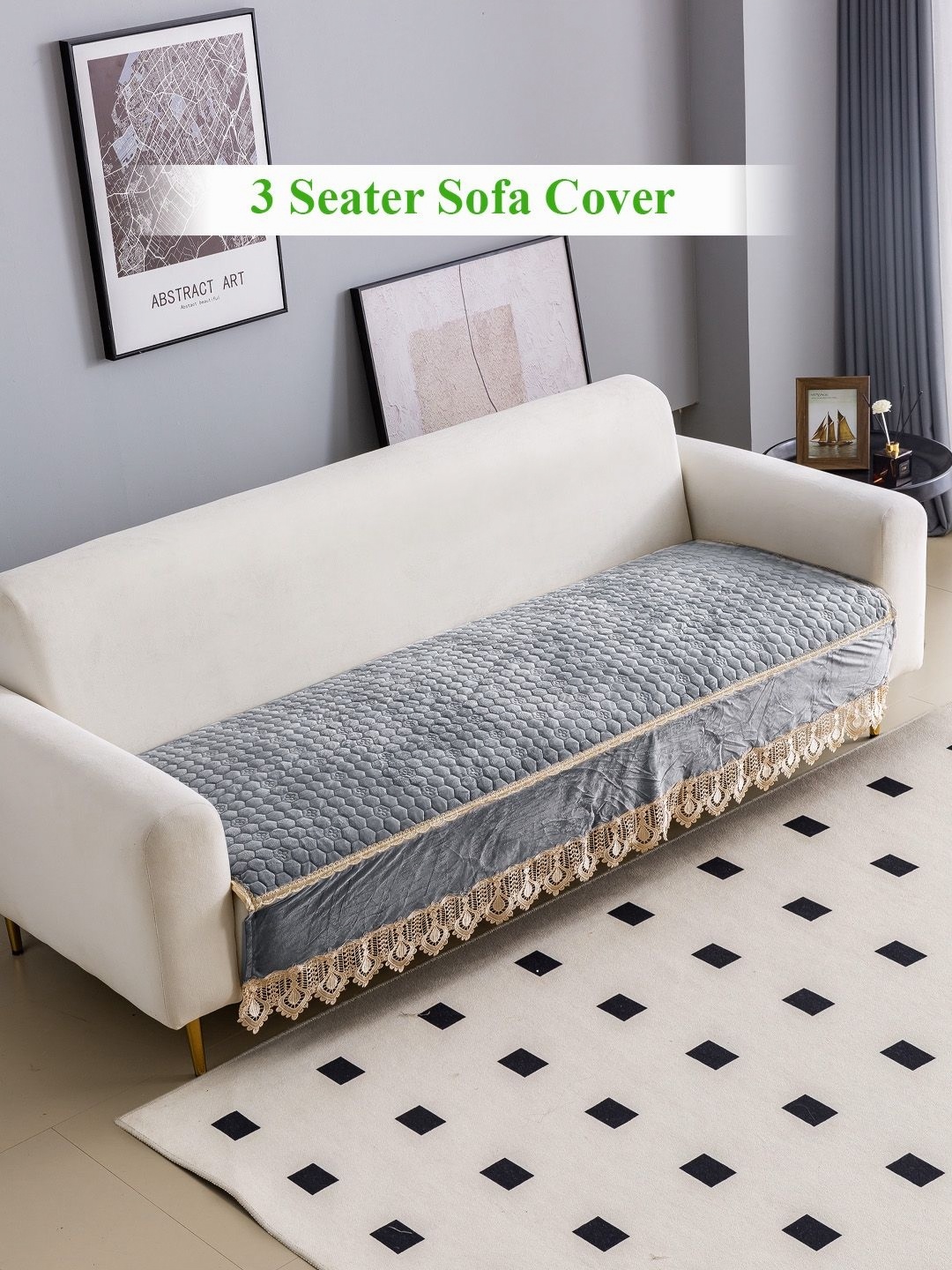 

HOKIPO Grey & Off White Premium Dutch Velvet Anti Slip 3 Seater Sofa Cover