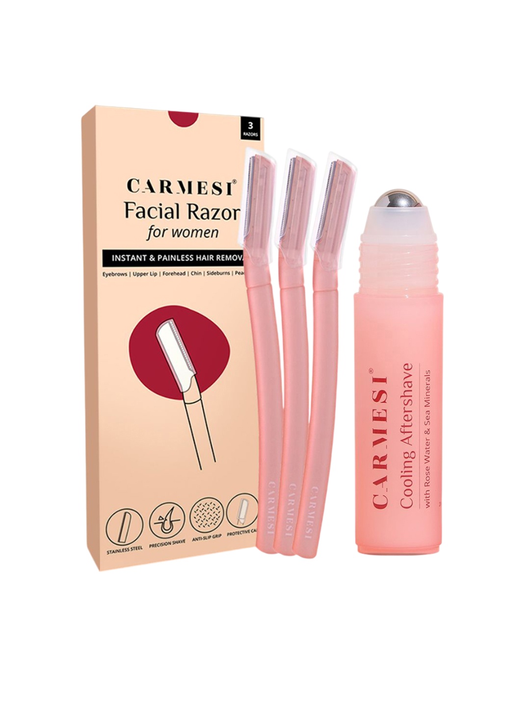 

CARMESI Set Of 3 Face Razors With Cooling Aftershave Roll On-20g, Pink