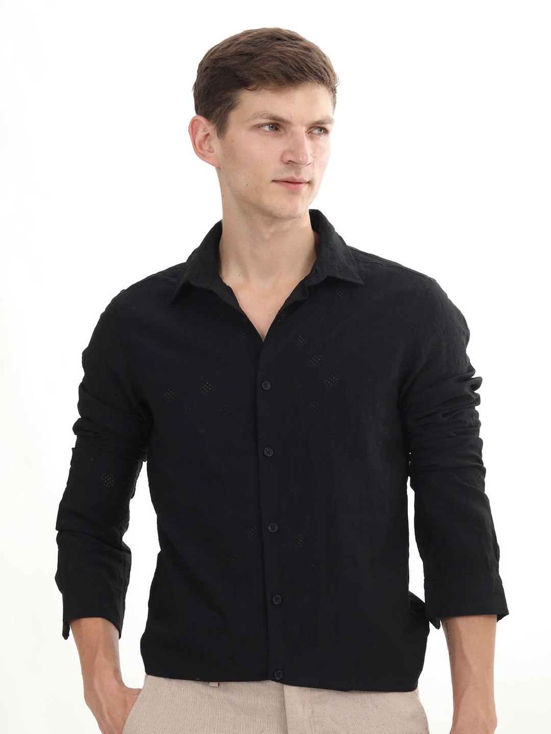 

POE Men Smart Slim Fit Opaque Casual Shirt, Black