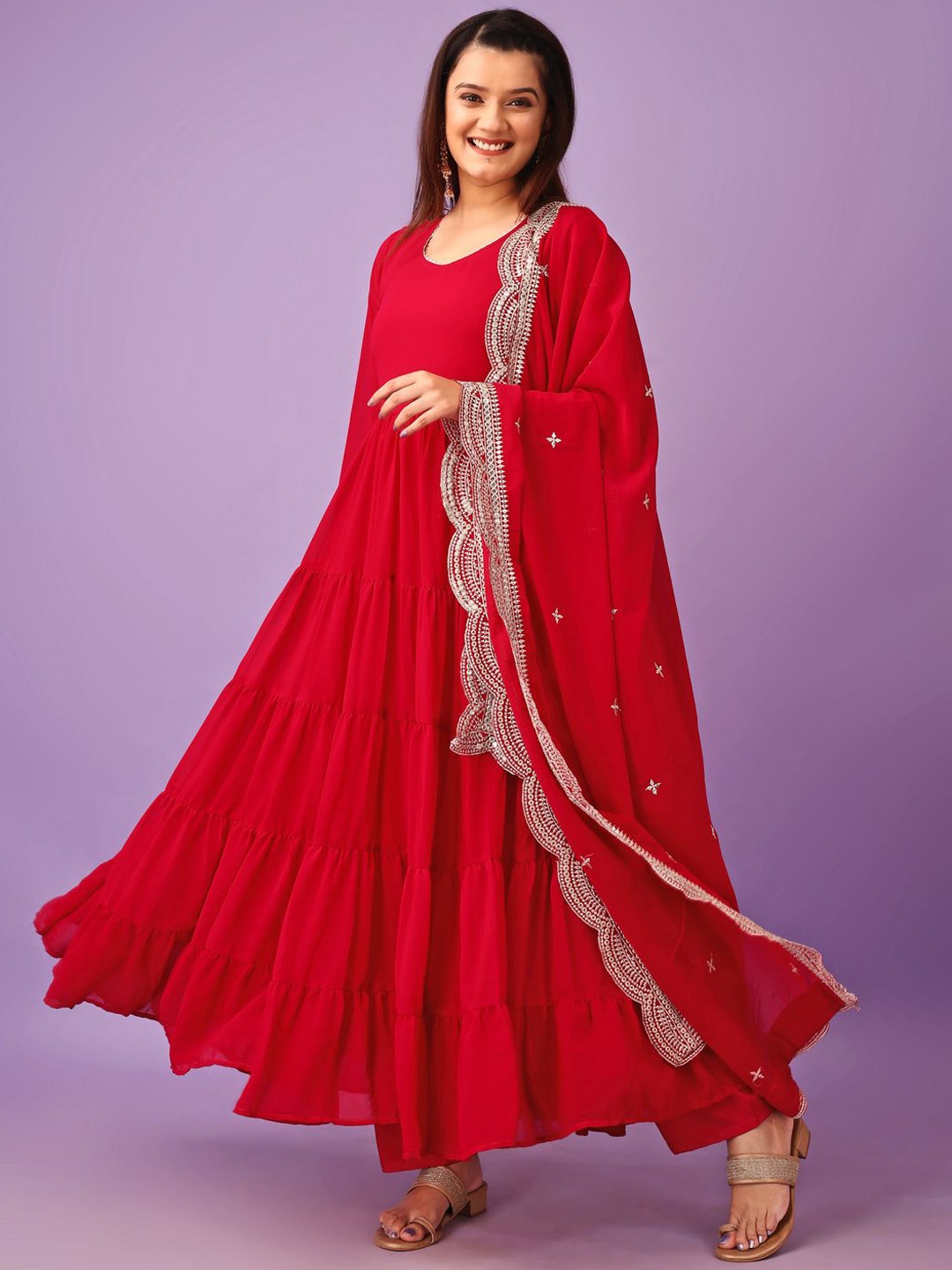 

KALINI Round Neck Tiered Georgette Anarkali Kurta with Trousers & Dupatta, Pink
