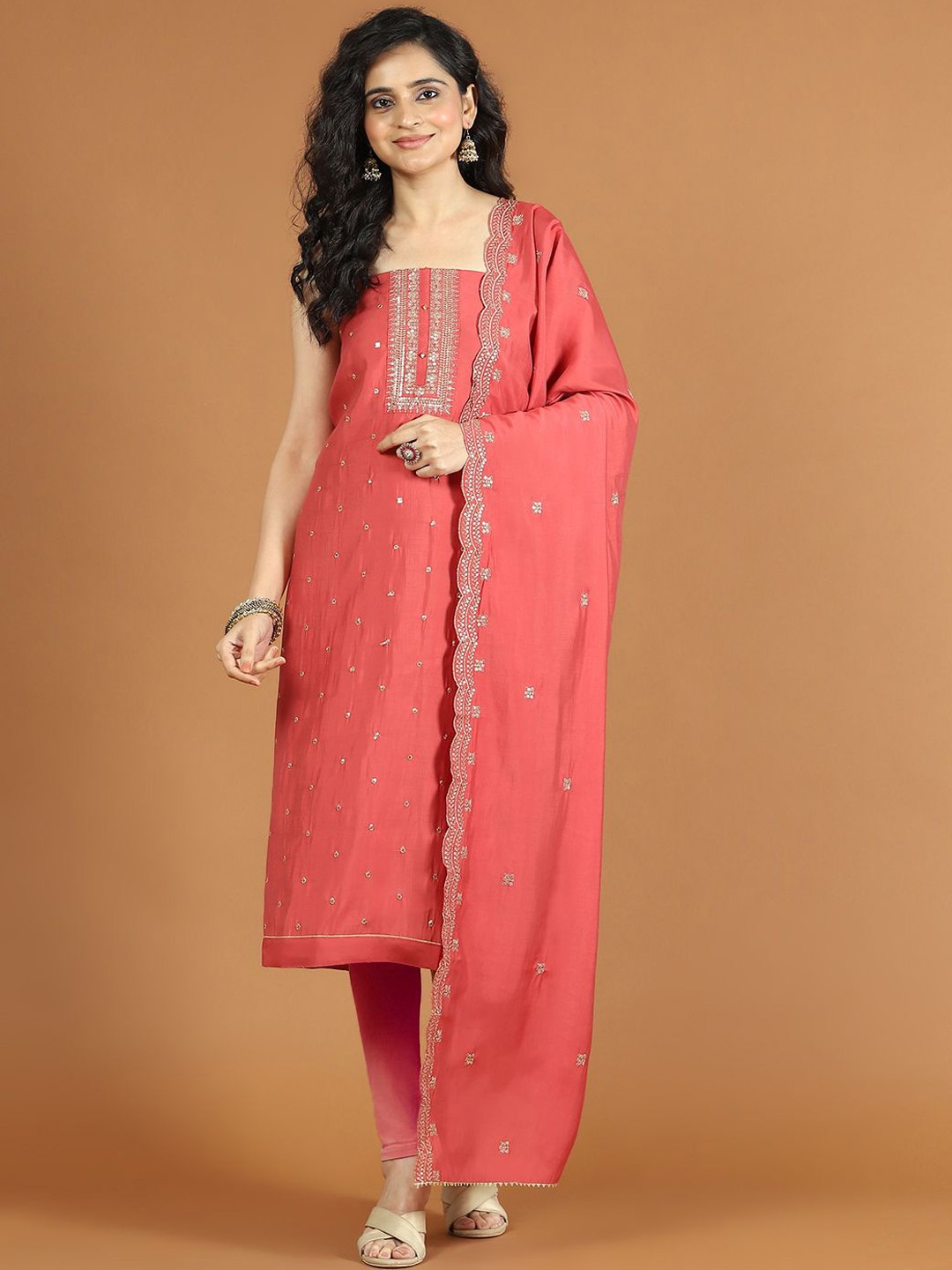 

Meena Bazaar Embroidered Art Silk Unstitched Dress Material, Coral