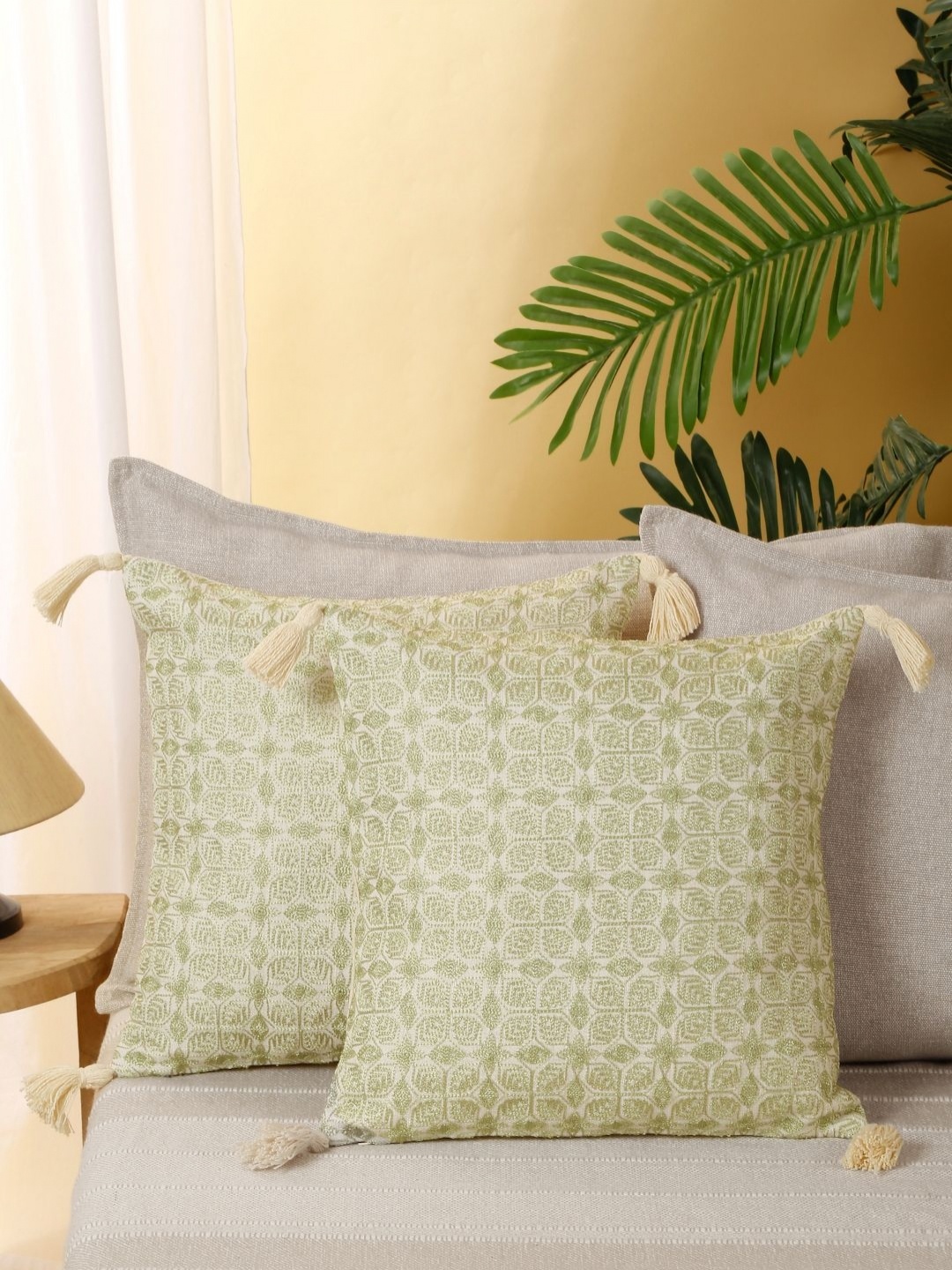 

eyda Beige & Green 2 Pieces Geometric Embroidered Cushion Covers