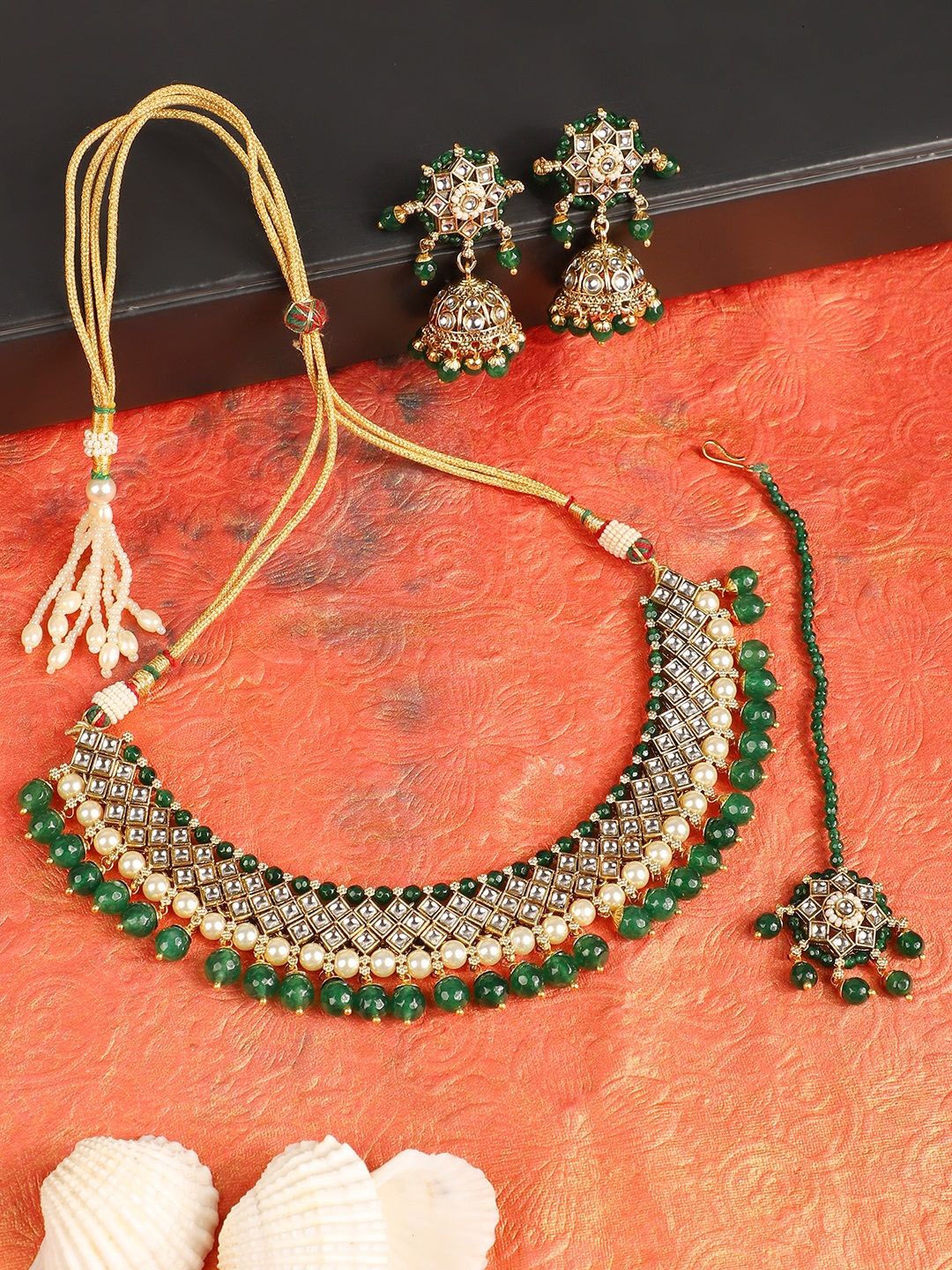 

ANIKAS CREATION Gold-Plated Stone-Studded & Beaded Jewellery Set