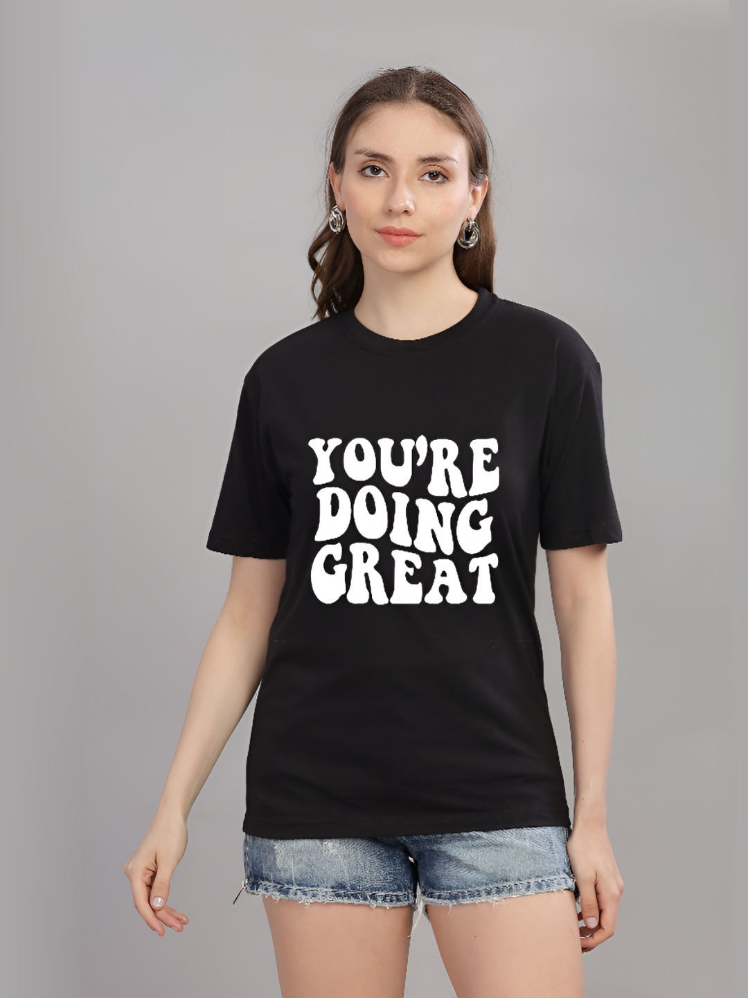 

FALTU.CO Women Printed Drop-Shoulder Sleeves Pure Cotton T-shirt, Black