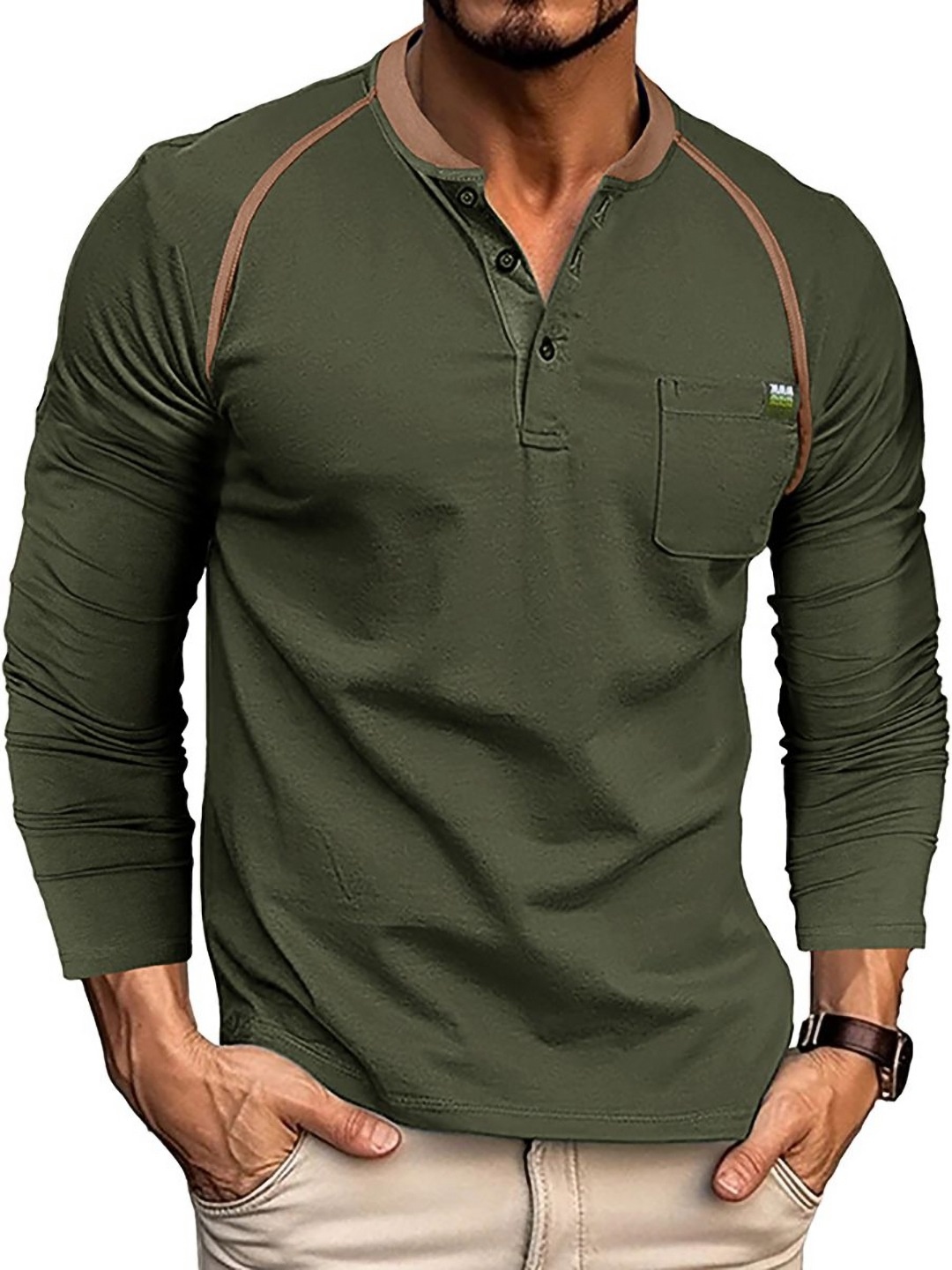 

StyleCast x Revolte Men Solid Henley Neck Cotton T-shirt, Green