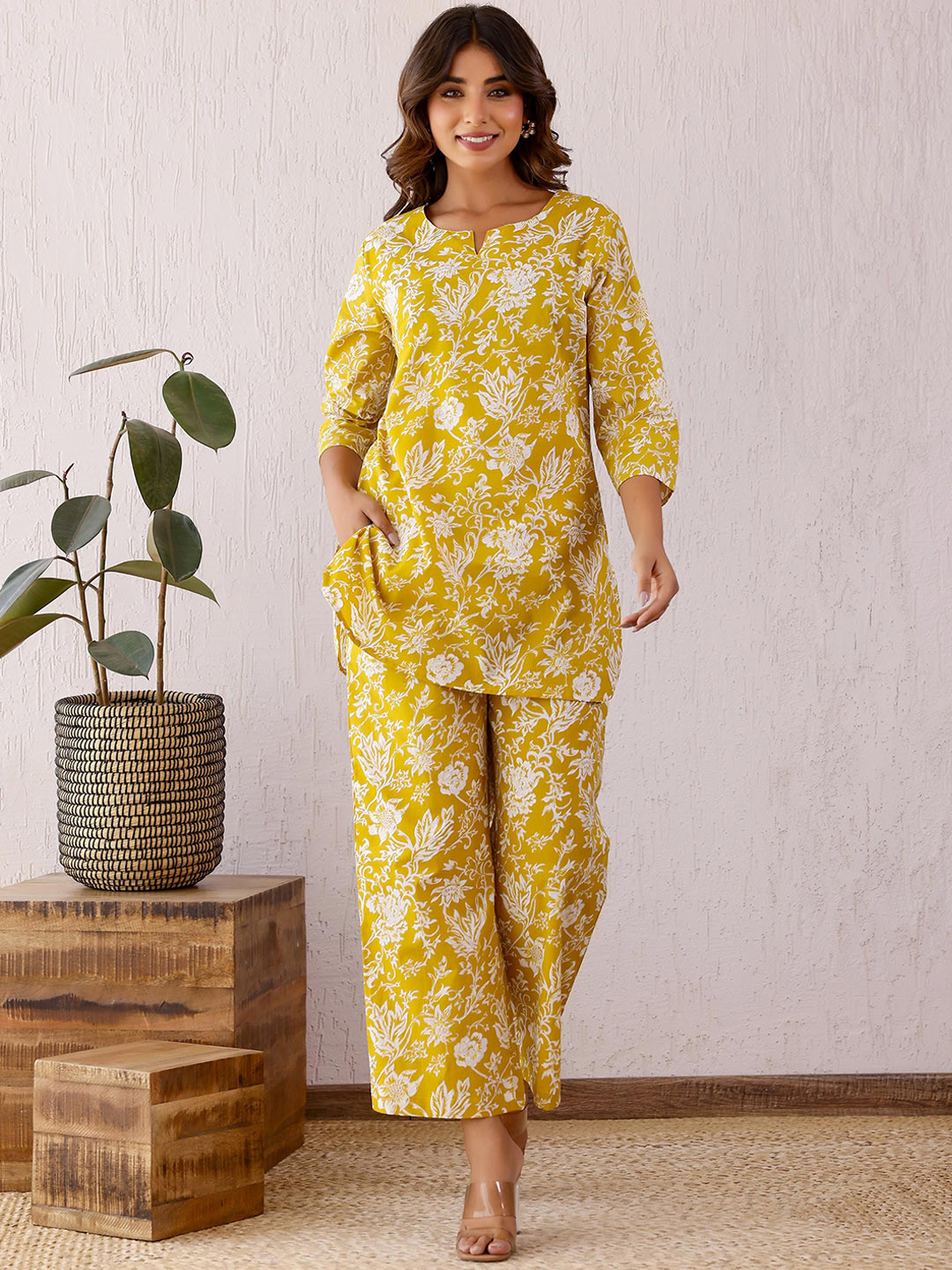 

FLAVIA CREATION Printed Pure Cotton Tunic With Trousers, Mustard
