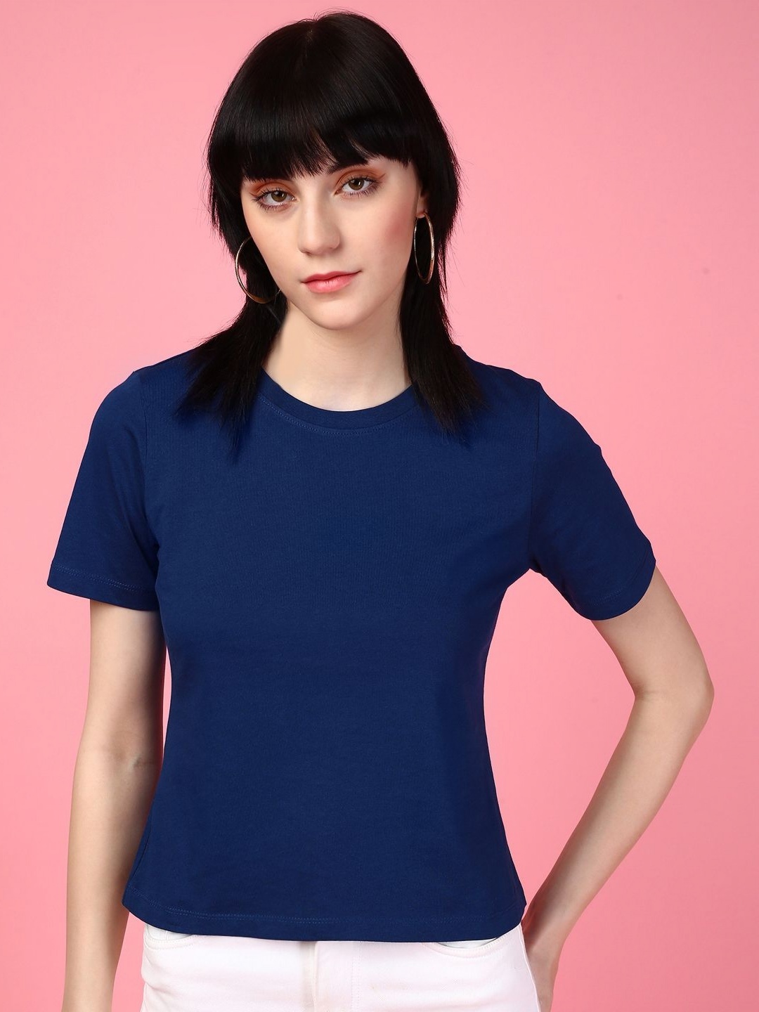 

DressBerry Women Solid Round Neck Cotton Slim Fit T-shirt, Navy blue