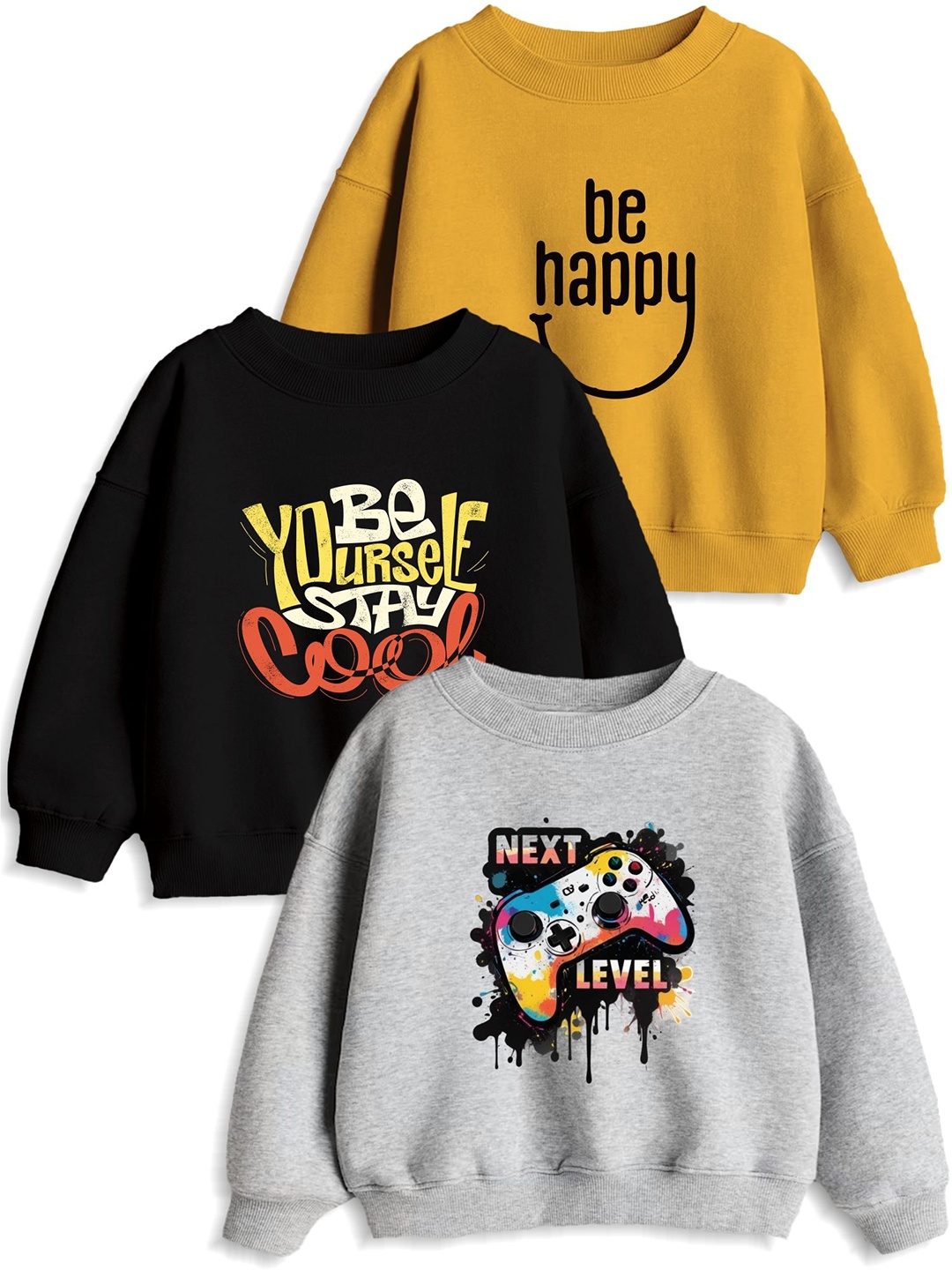 

Minicult Unisex Kids Pack Of 3 Typography Printed Round Neck Cotton Pullover Sweatshirts, Yellow