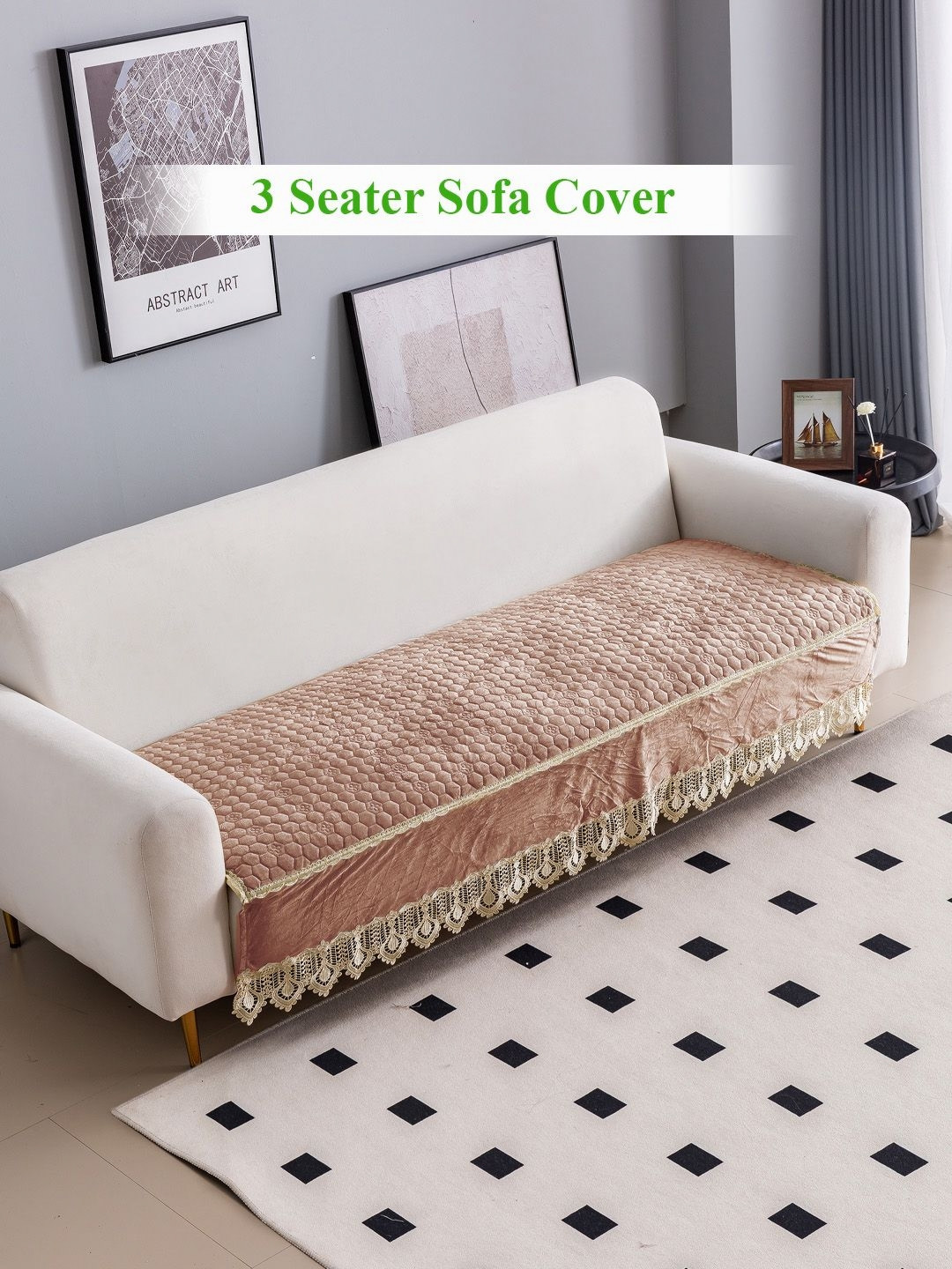 

HOKIPO Brown & Off White Self Design Premium Dutch Velvet Anti Slip 3 Seater Sofa Cover