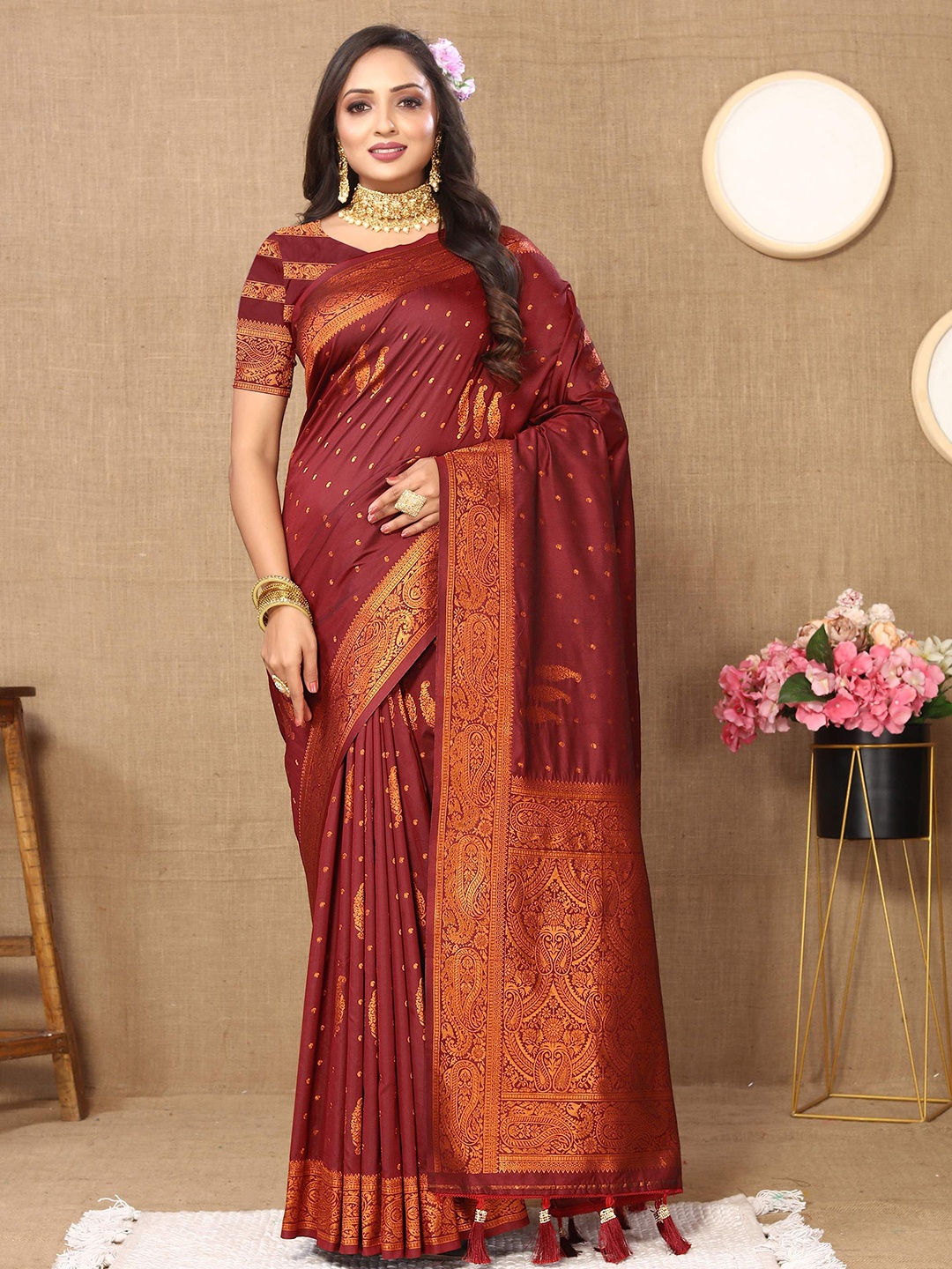 

Zeekha Woven Design Zari Pure Silk Kanjeevaram Saree, Maroon