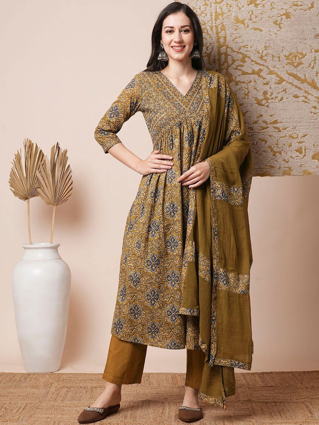 

FASHOR Mustard Yellow Floral Printed Sequinned Pure Cotton Kurta with Trousers & Dupatta