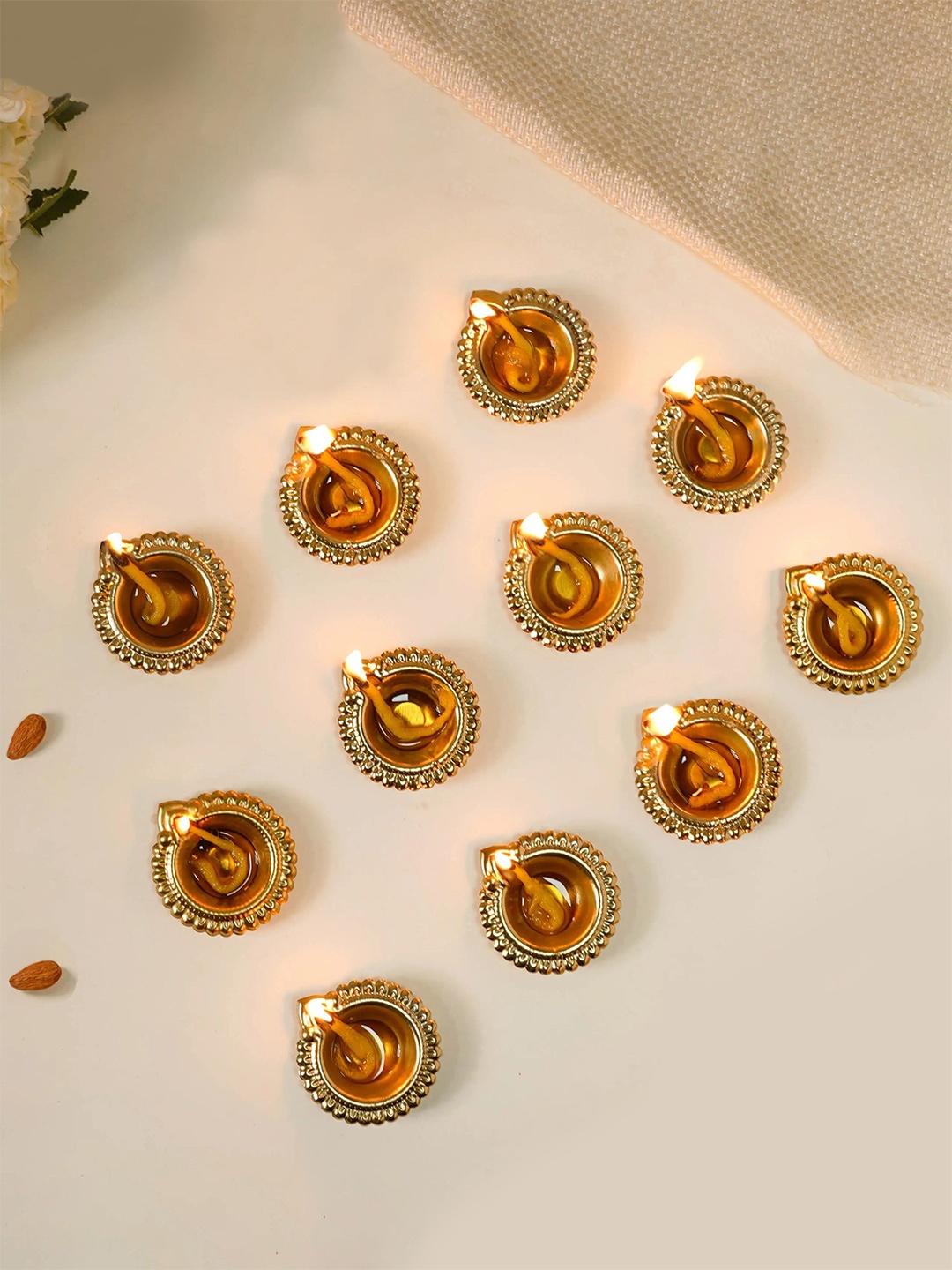

Nestasia 11Pcs Decorative Metal Diya Pooja Essentials, Gold