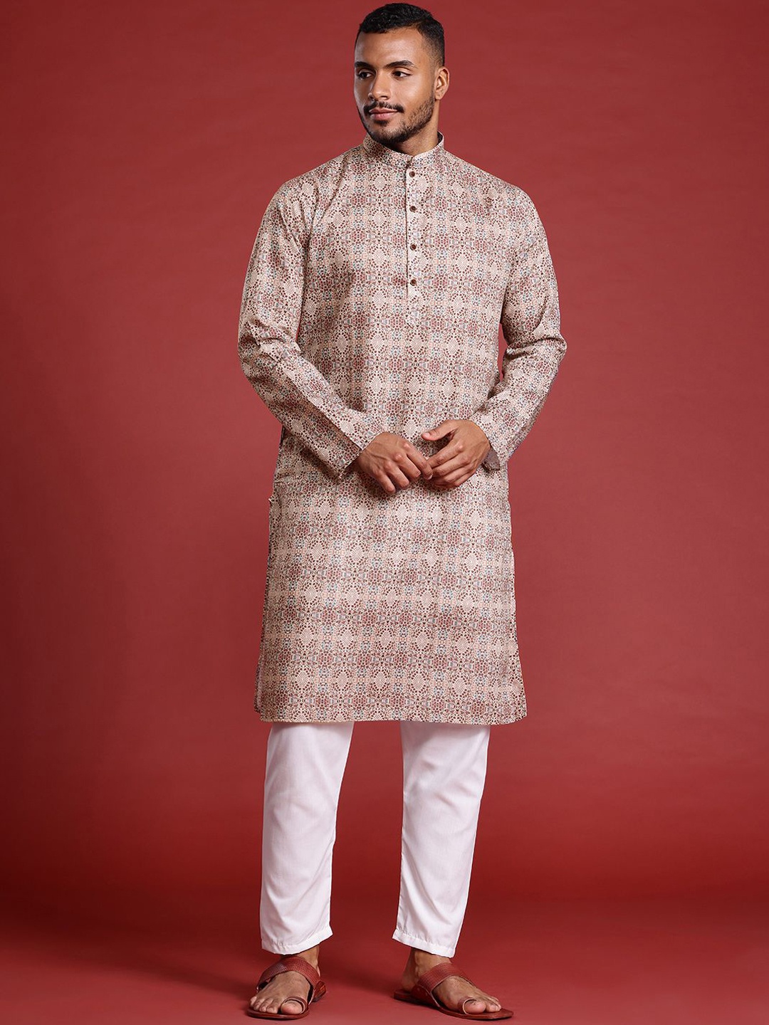 

MANQ Floral Printed Mandarin Collar Pure Cotton Straight Kurta, Beige