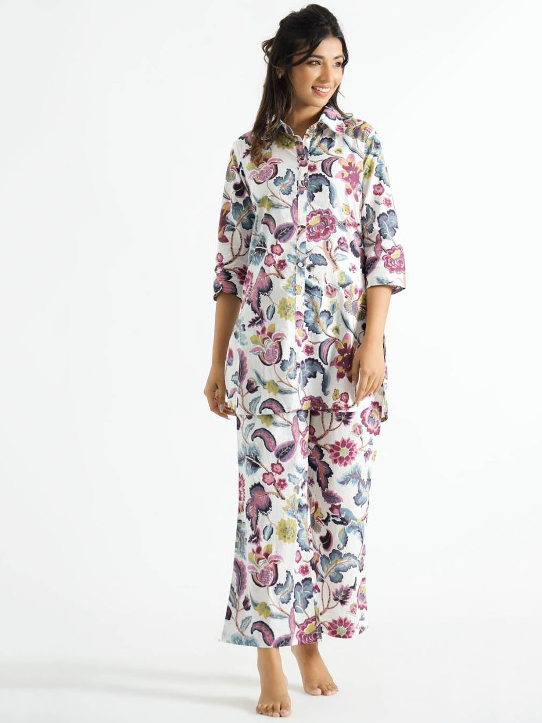 

FLAVIA CREATION Floral Printed Pure Cotton Shirt With Trousers, White