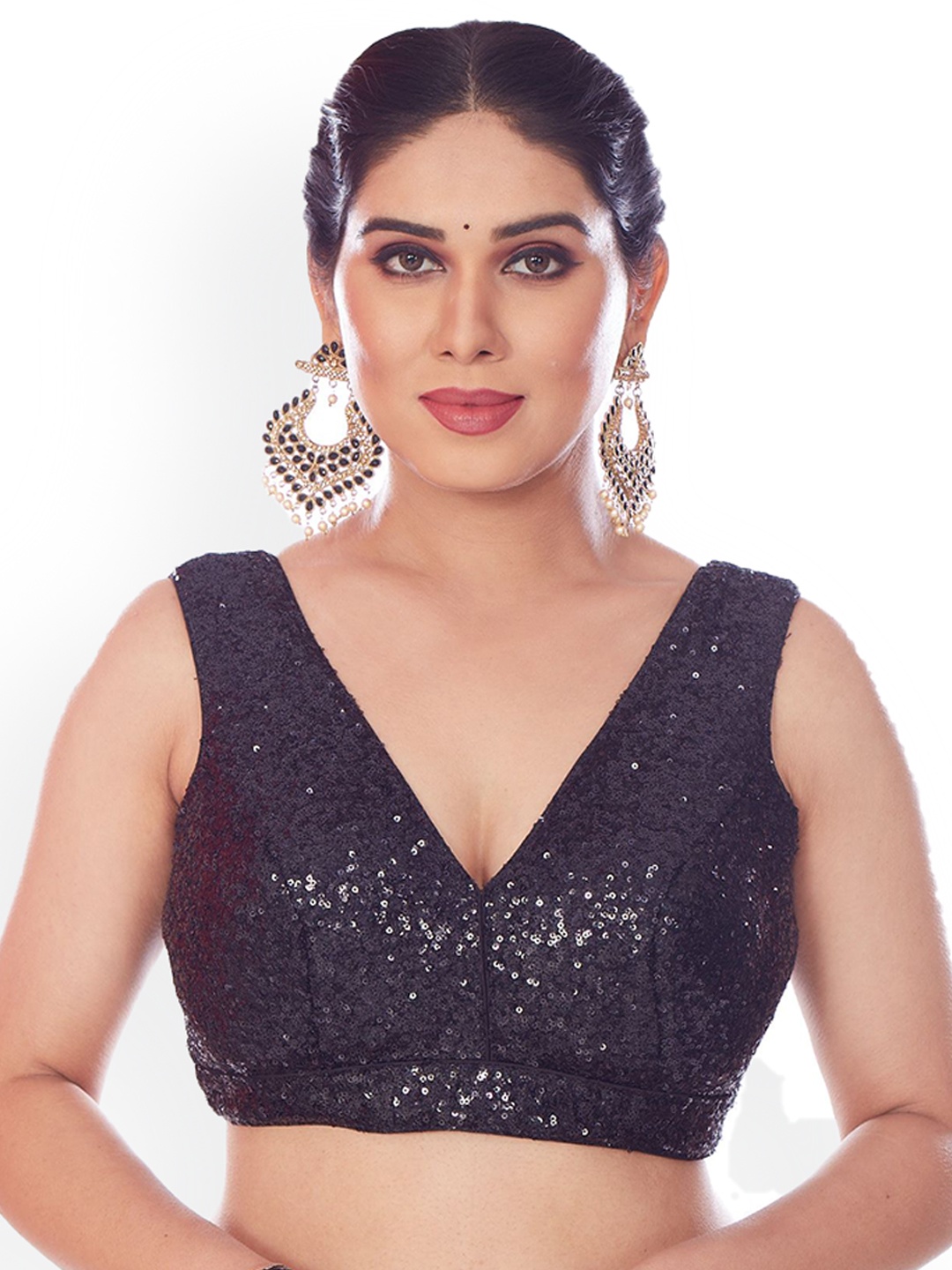 

Mmore Sequinned V- Neck Saree Blouse, Black