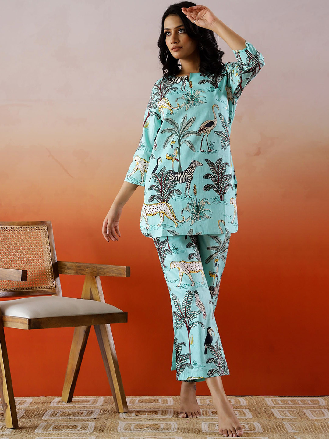 

FLAVIA CREATION Printed Pure Cotton Tunic With Trouser, Turquoise blue