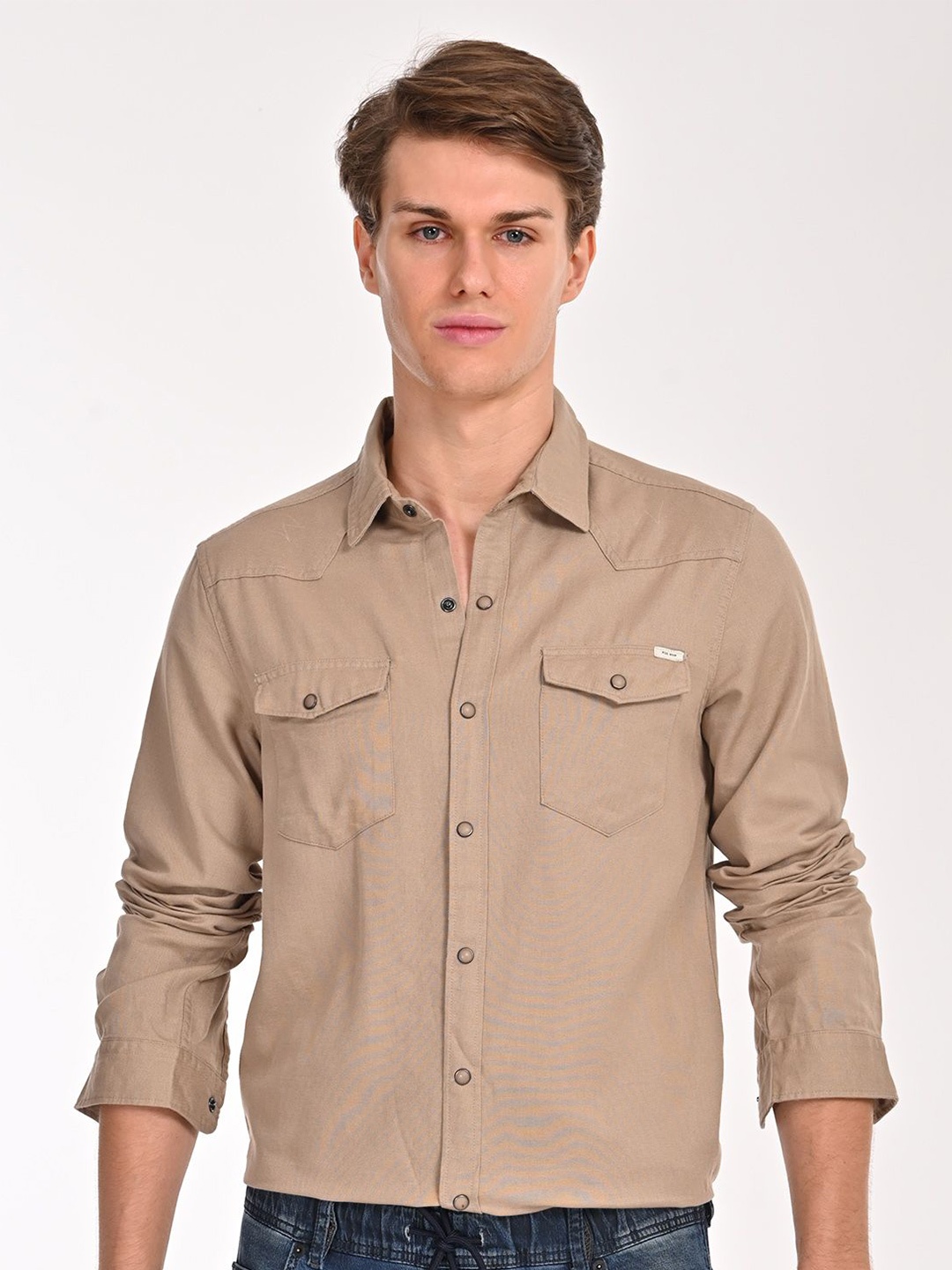 

POE Men Smart Slim Fit Opaque Casual Shirt, Beige