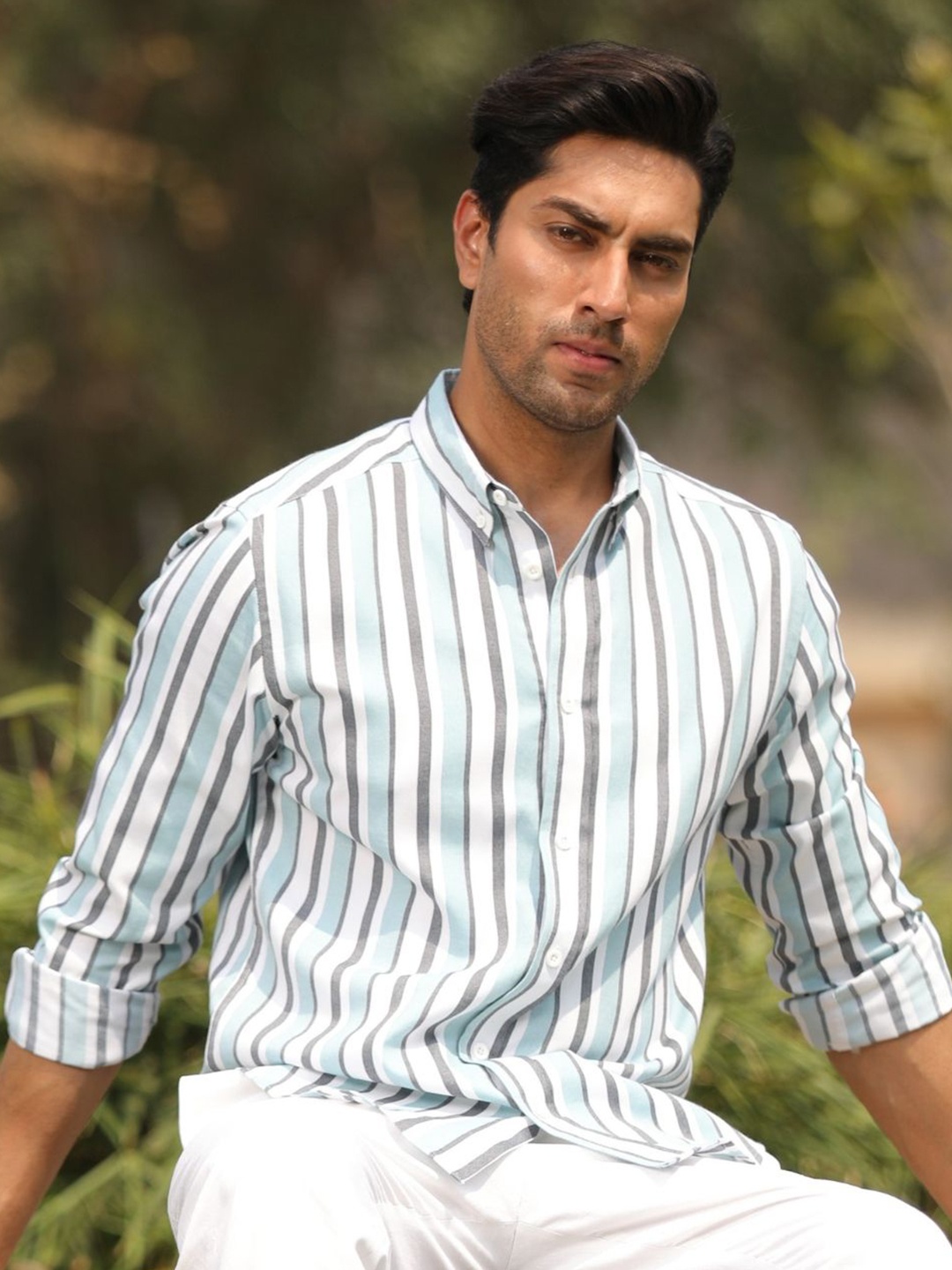 

PERCH Men India Slim Button-Down Collar Vertical Striped Cotton Casual Shirt, Blue