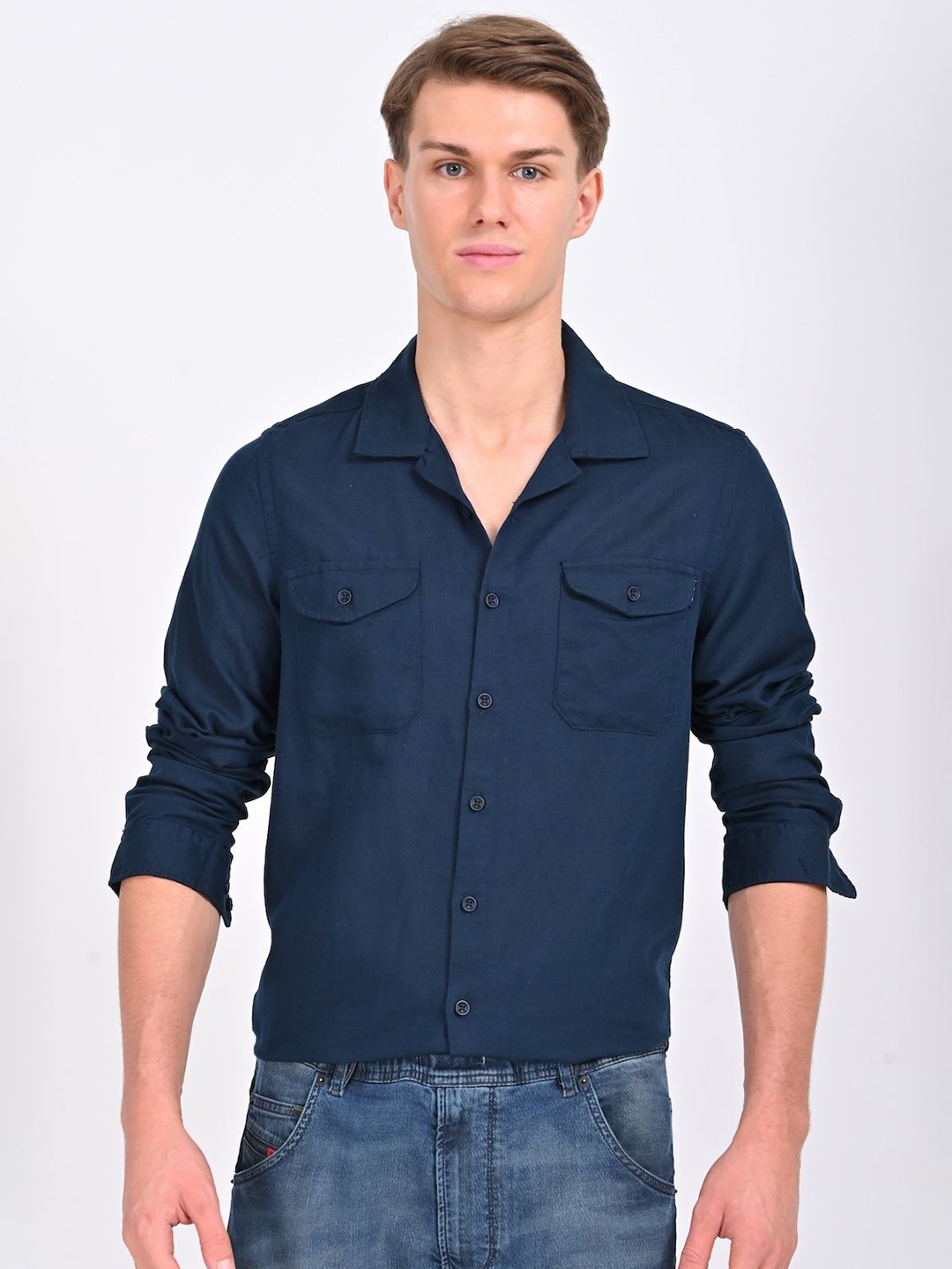 

POE Men Smart Slim Fit Opaque Casual Shirt, Navy blue