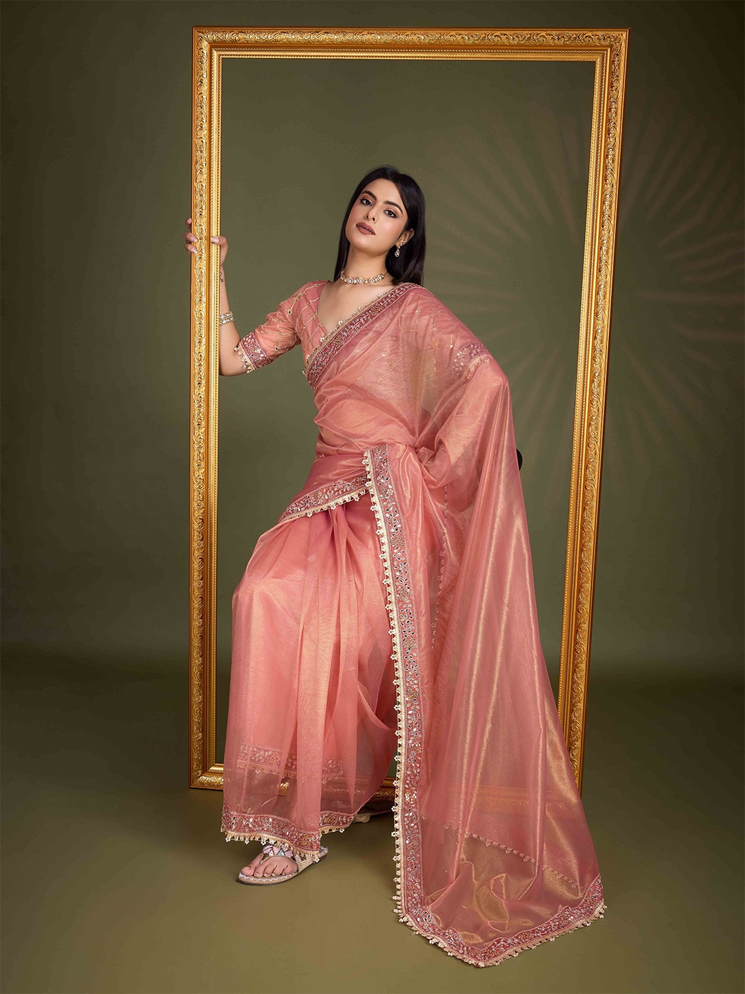 

Mitera Embellished Mirror Work Net Saree, Peach