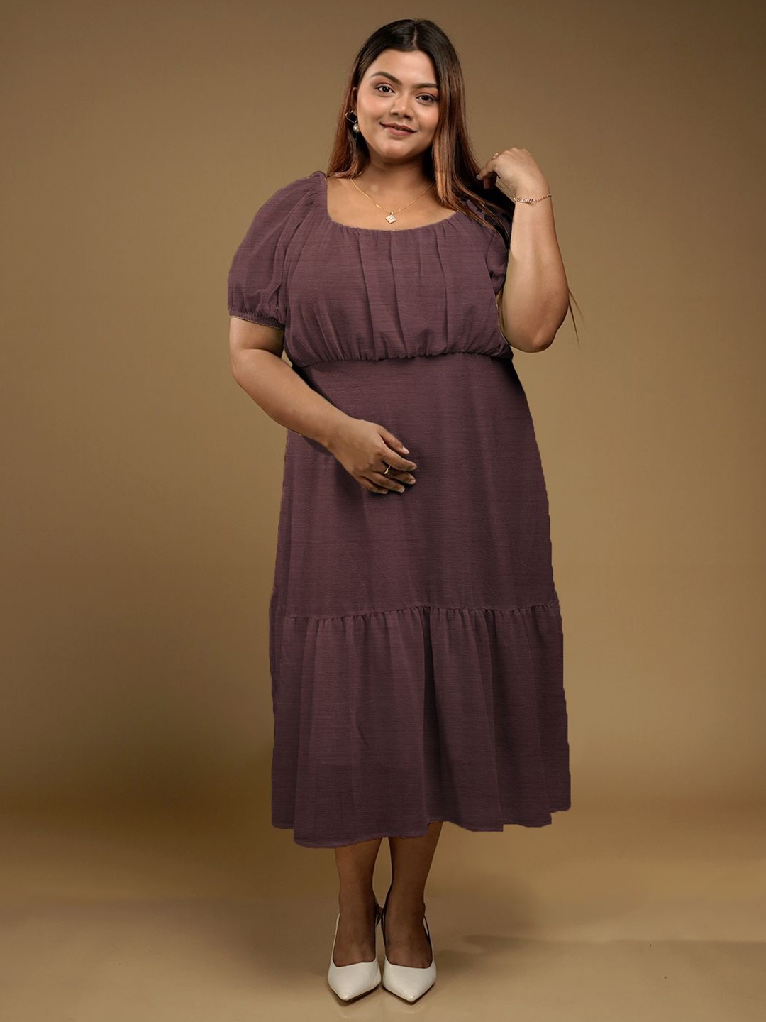 

Zink Curve Puff Sleeve A-Line Midi Dress, Maroon