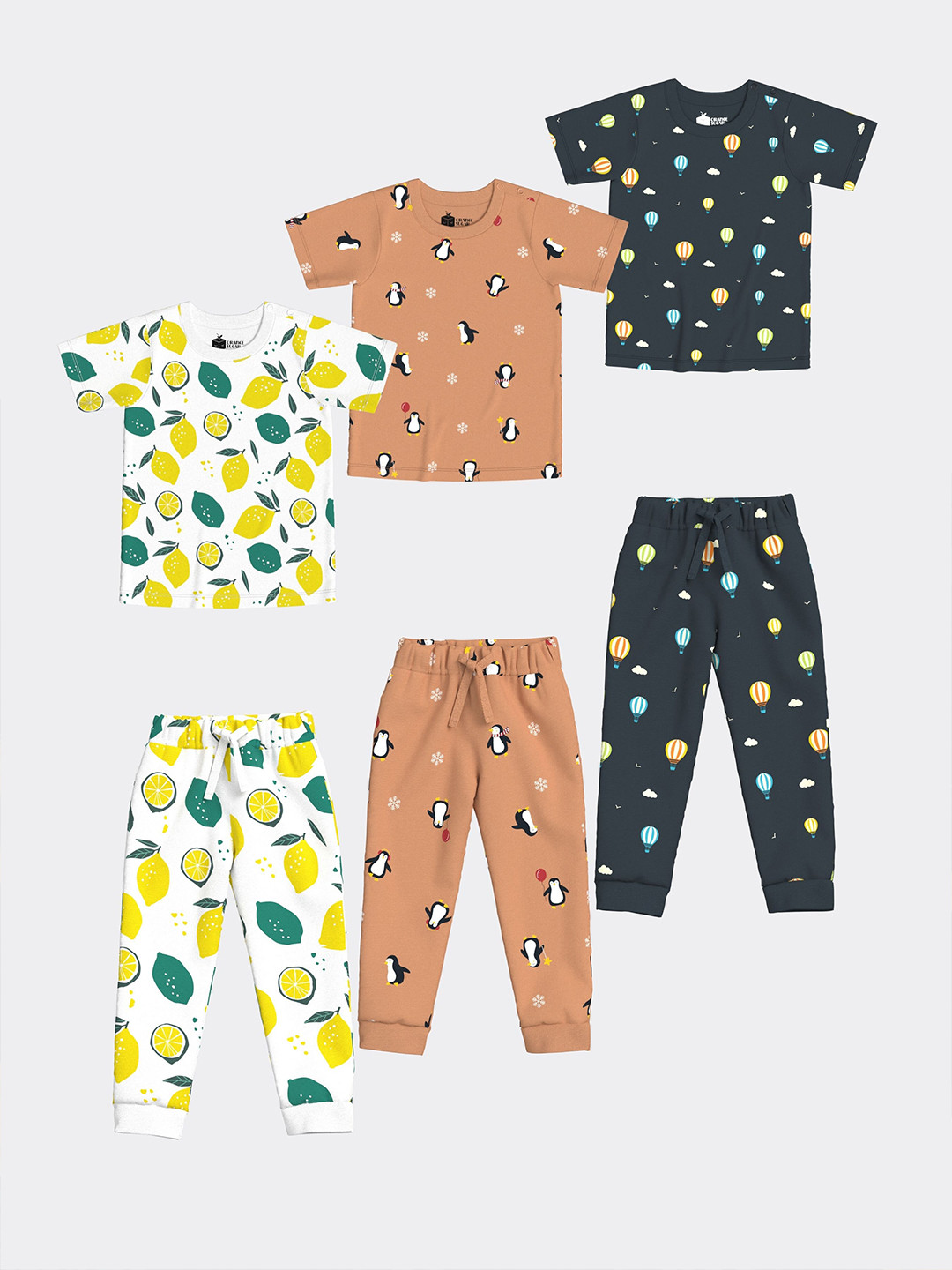 

Orange Sugar Kids Pack of 3 Hot Air, Penguin Chill & Lemon Printed Pure Cotton Night suits, White