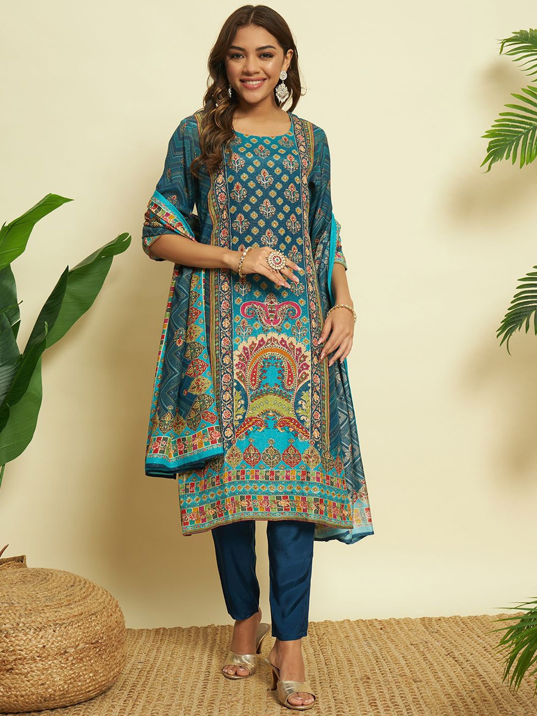 

VESH Women Ethnic Motifs Printed Regular Pure Cotton Kurta with Trousers & With Dupatta, Teal