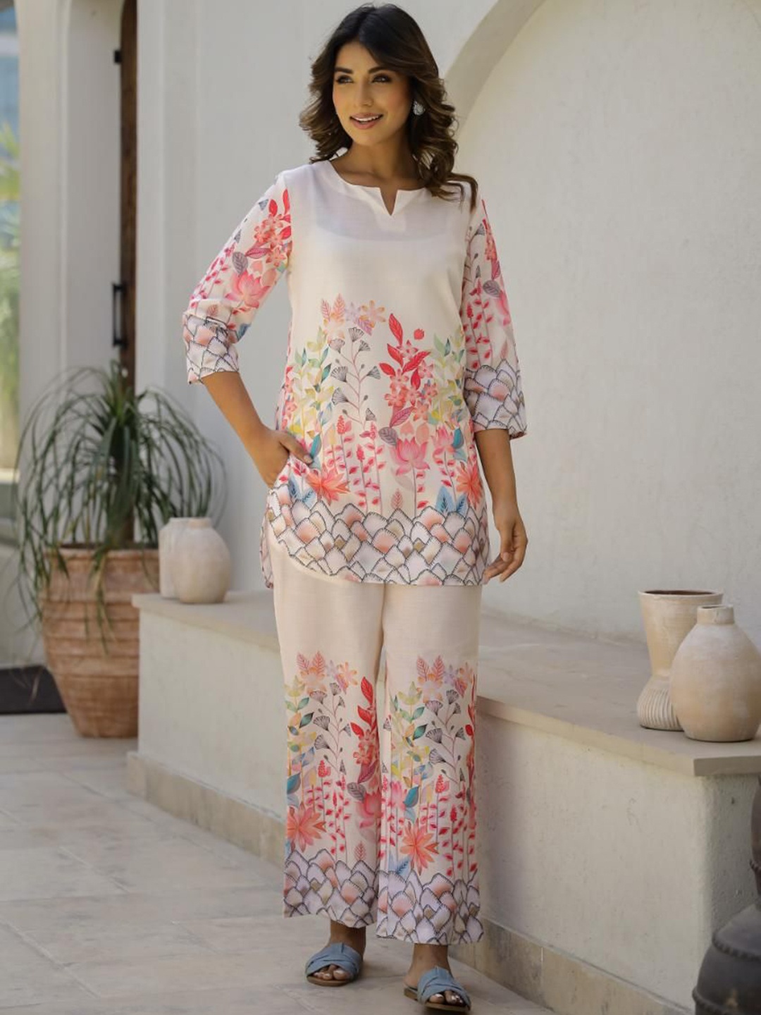 

FLAVIA CREATION Floral Printed Pure Cotton Tunic & Trouser, White