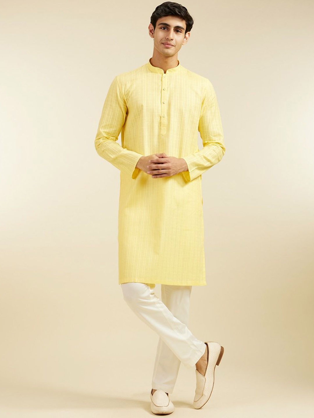 

Diwas by Manyavar Striped Mandarin Collar Pure Cotton Straight Kurta, Yellow