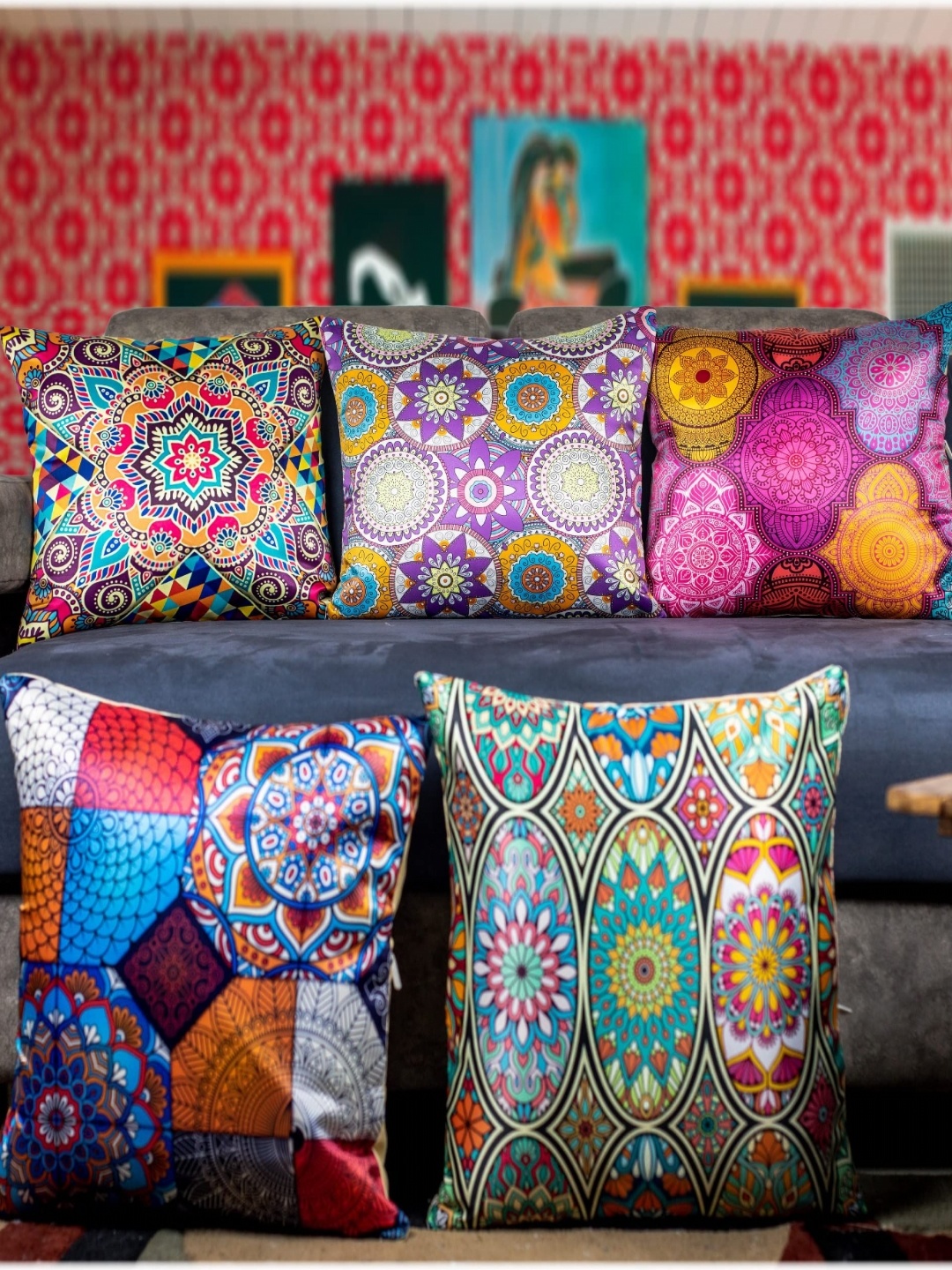 

Vendola Purple & Blue 5 Pieces Ethnic Motifs Satin Square Cushion Covers