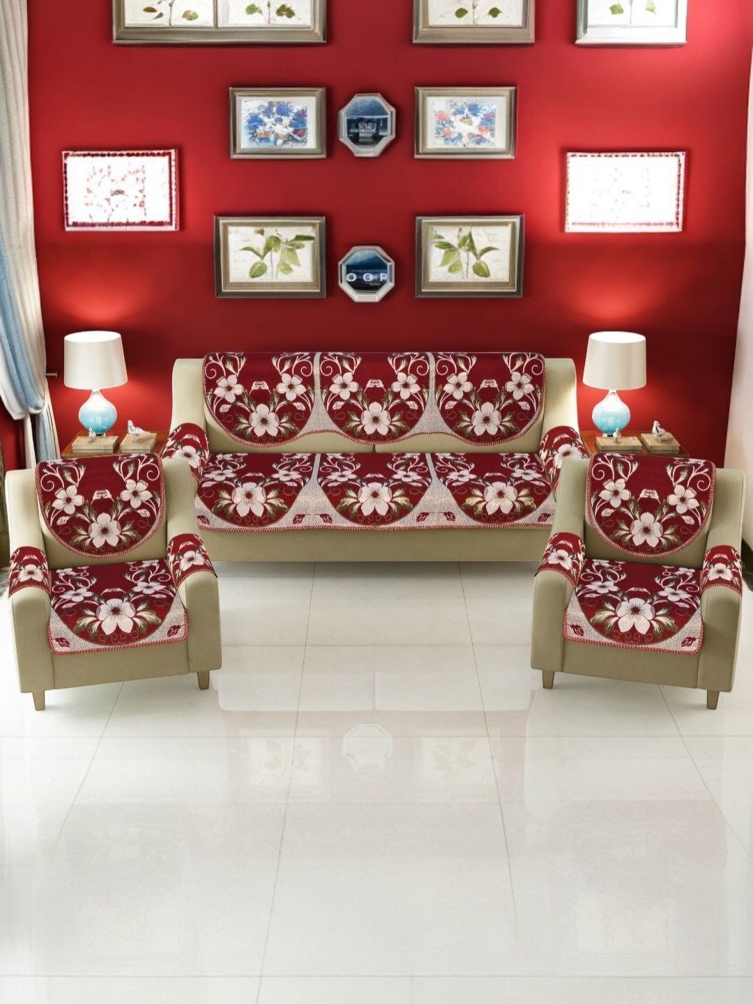 

BIGGER FISH Maroon 16 Pieces Printed Cotton Sofa Cover With Arms