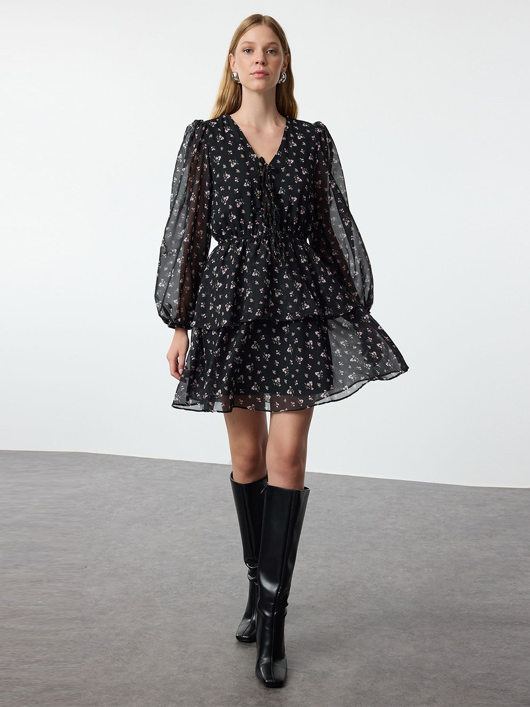 

Trendyol Floral Print Puff Sleeve Fit & Flare Mini Dress, Na