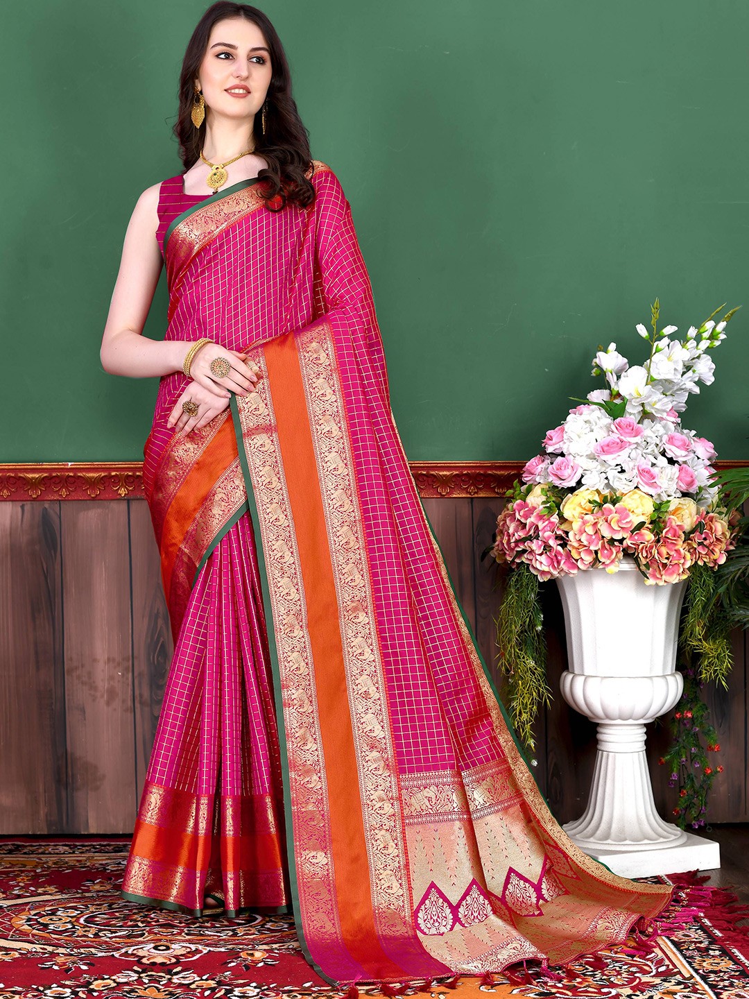 

Zeekha Woven Design Zari Pure Silk Kanjeevaram Saree, Pink