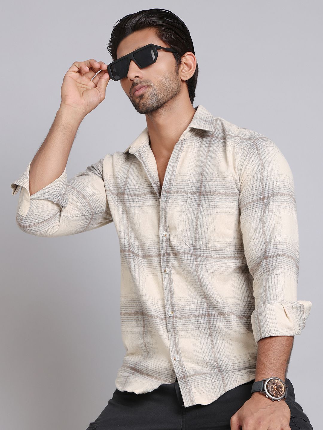 

Indian Needle Men Classic Windowpane Checks Opaque Checked Casual Shirt, Beige
