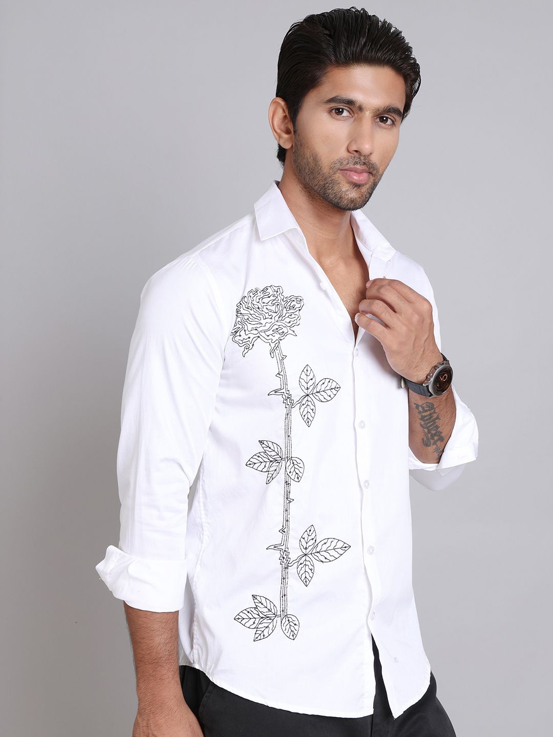 

Indian Needle Men Classic Spread Collar Floral Printed Cotton Casual Shirt, White