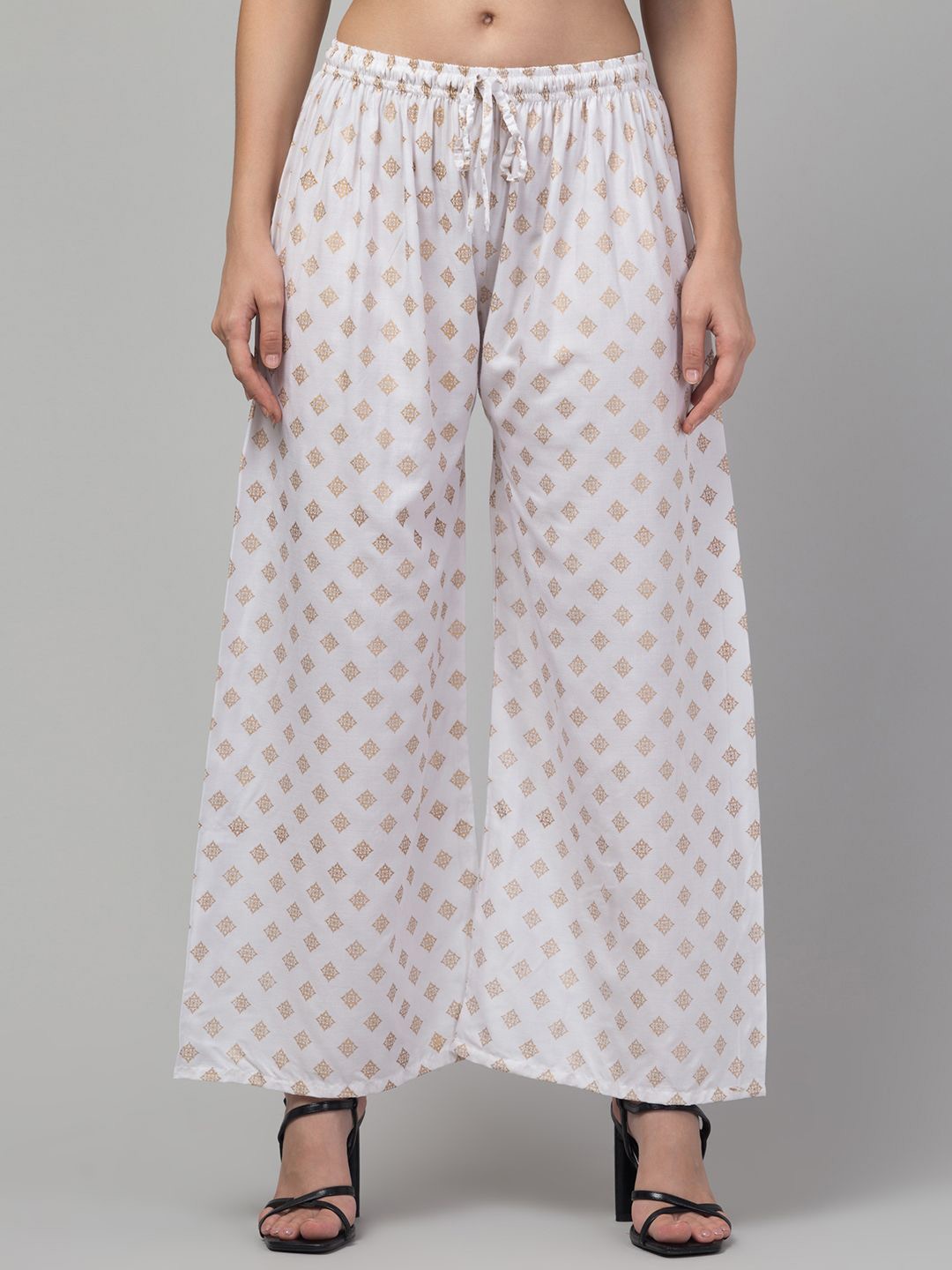 

FAMBEE Women Printed Flared Knitted Ethnic Palazzos, White