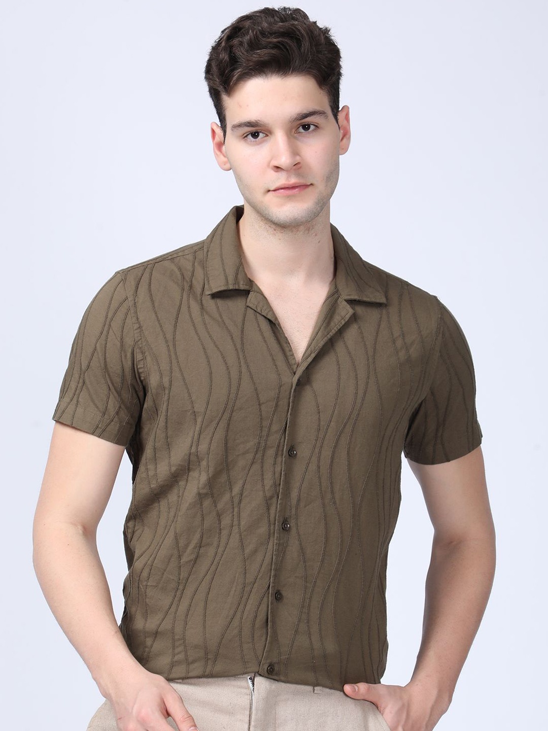 

POE Men Smart Slim Fit Opaque Casual Shirt, Olive