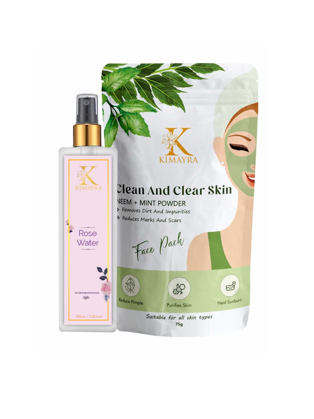 

Kimayra World Set Of 2 Neem Mint Face Pack -75g & Rose water Spray -100ml, White
