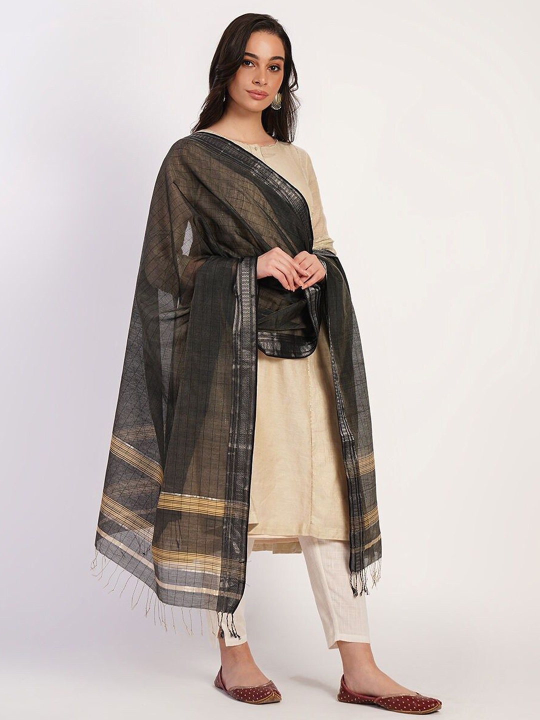 

JAYPORE Striped Cotton Silk Dupatta with Zari, Grey