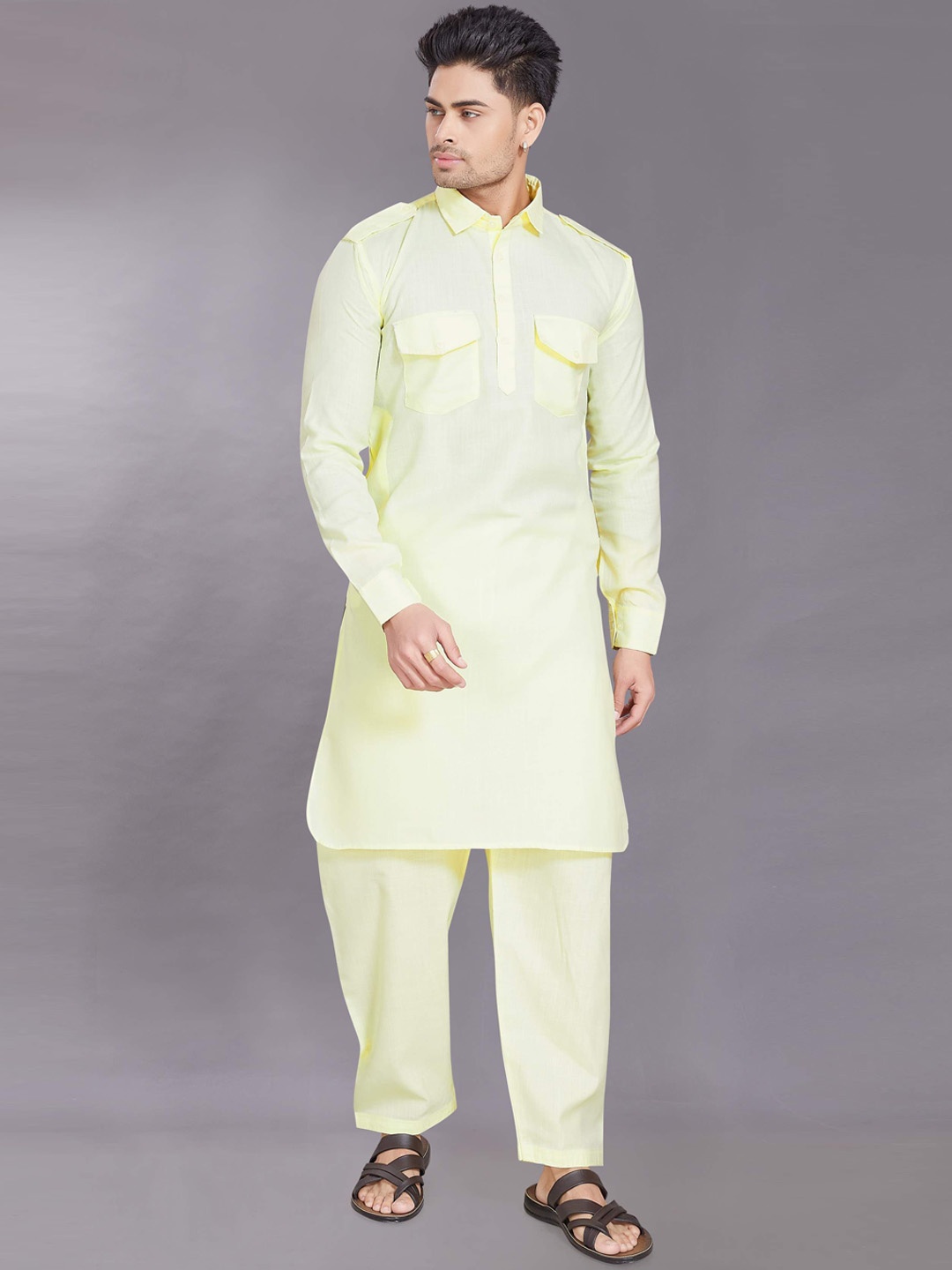 

DIVISIVE Plus Size Shirt Collar Straight Kurta With Pyjamas, Yellow