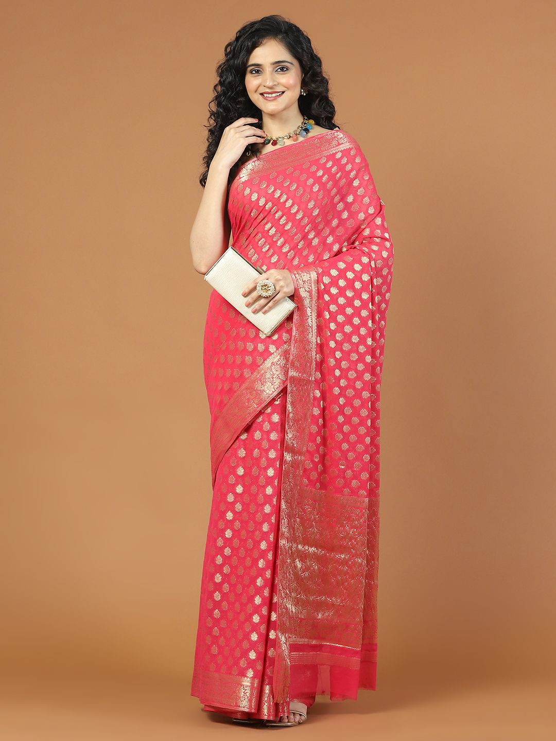 

Meena Bazaar Ethnic Motifs Woven Design Zari Saree, Pink