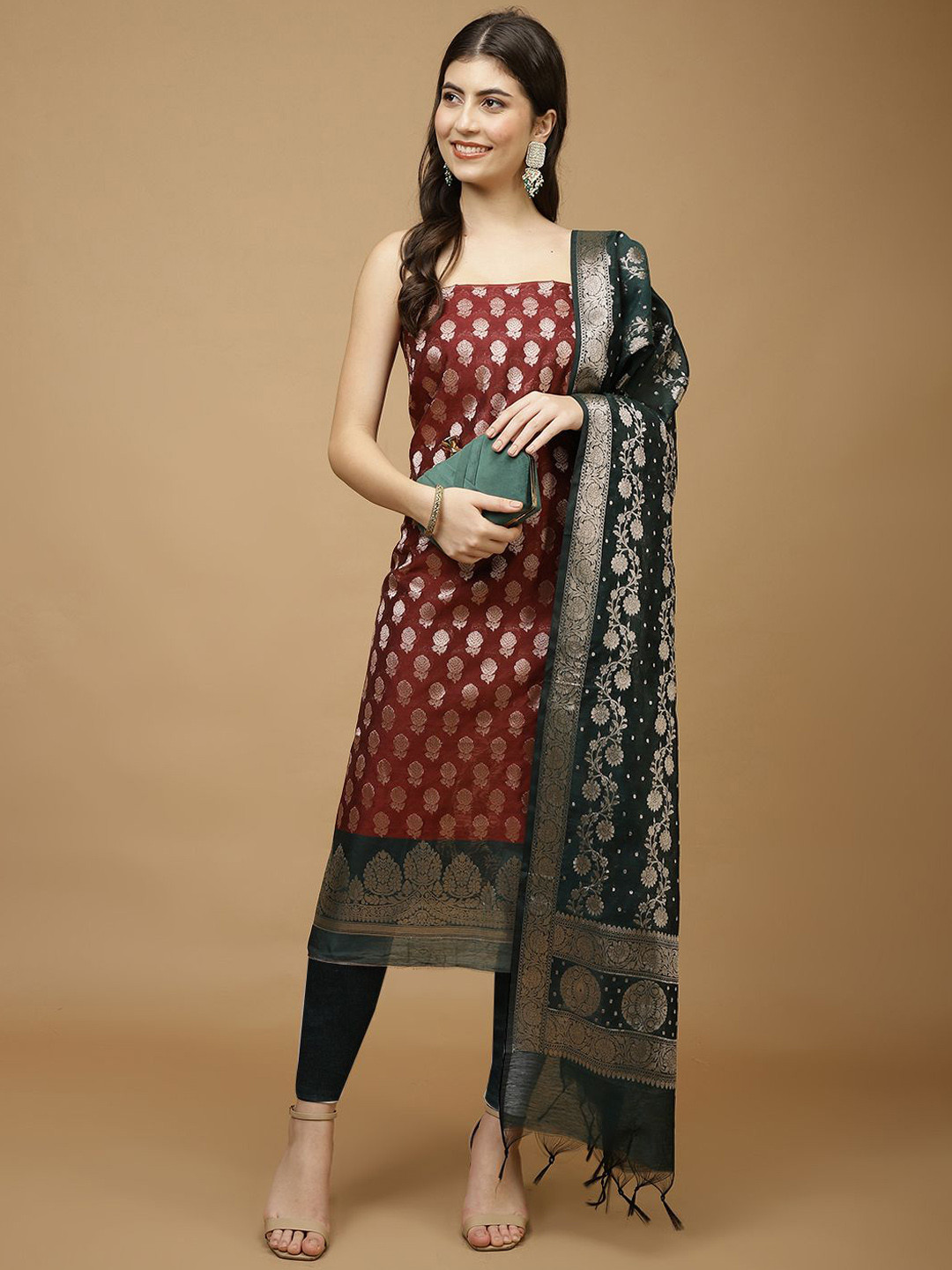 

Meena Bazaar Art Silk Unstitched Dress Material, Maroon