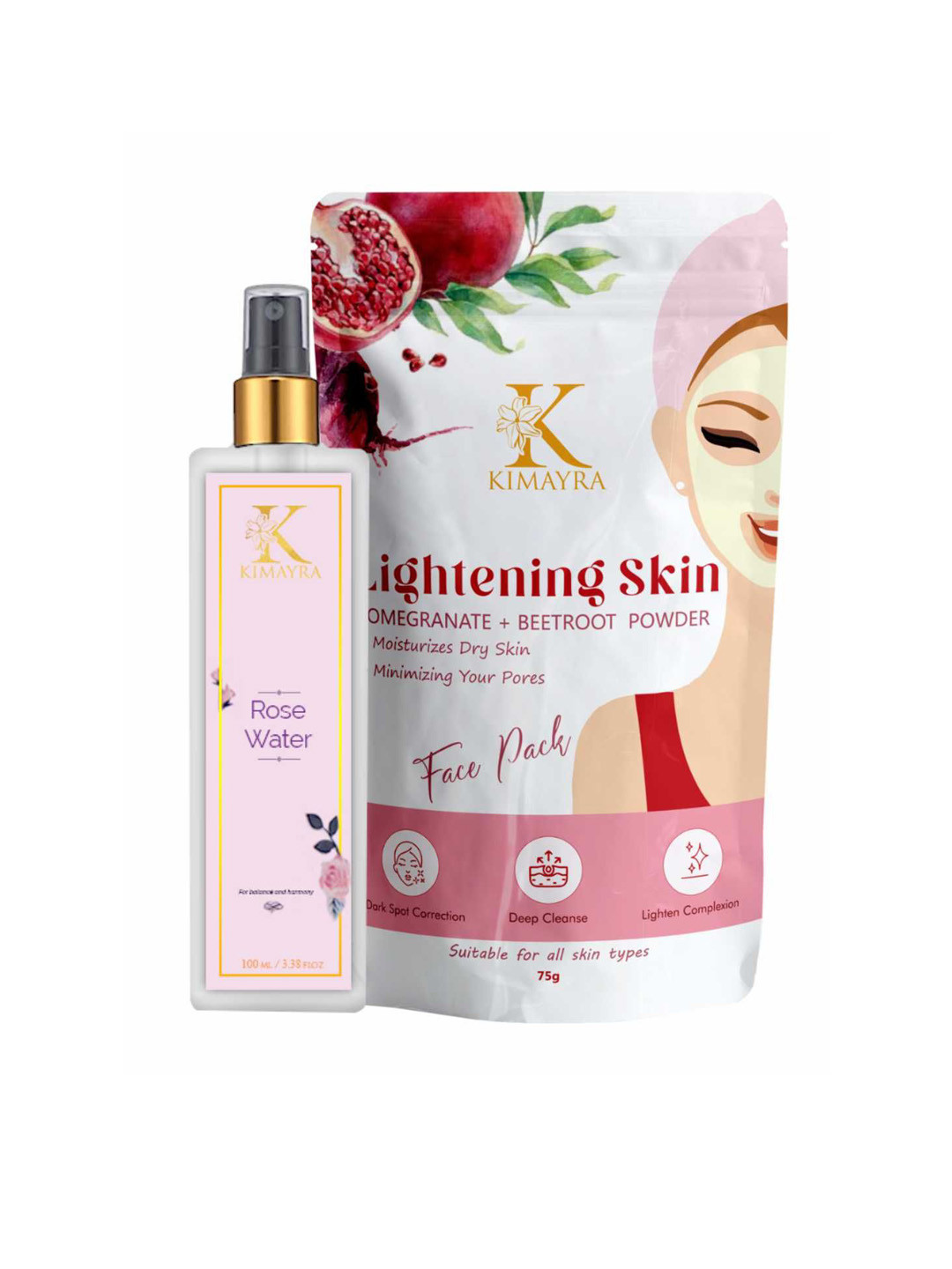 

Kimayra World Set Of 2 Pomegranate Beetroot Face Pack -75g & Rose water Spray -100ml, White