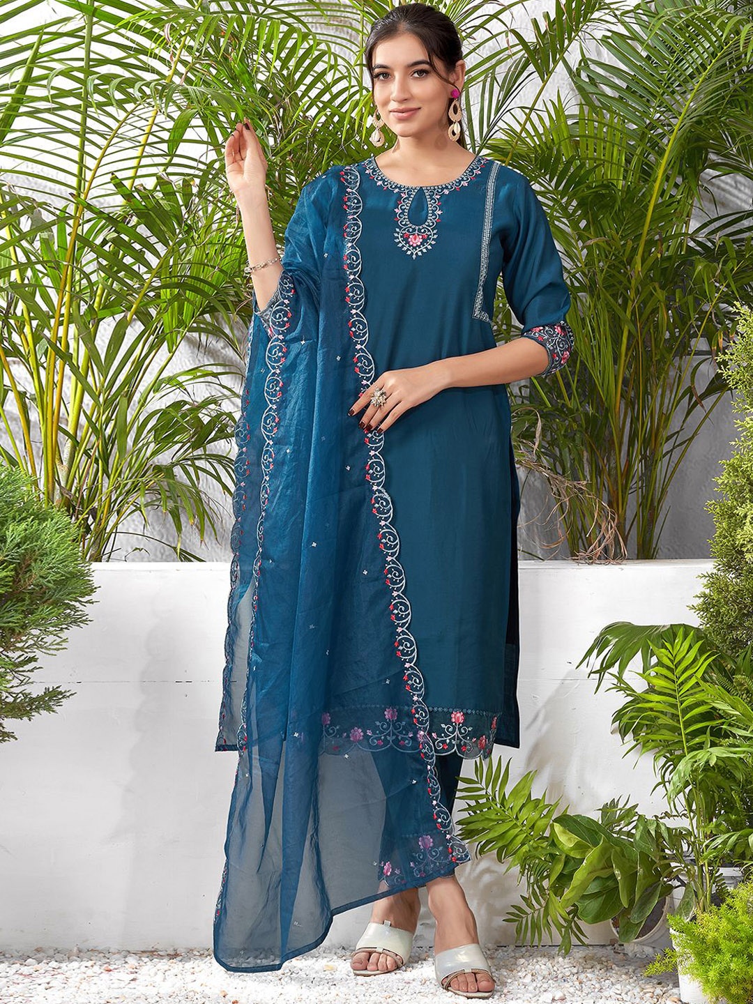 

SKYLEE Blue Floral Embroidered Sequinned Straight Kurta With Trousers & Dupatta