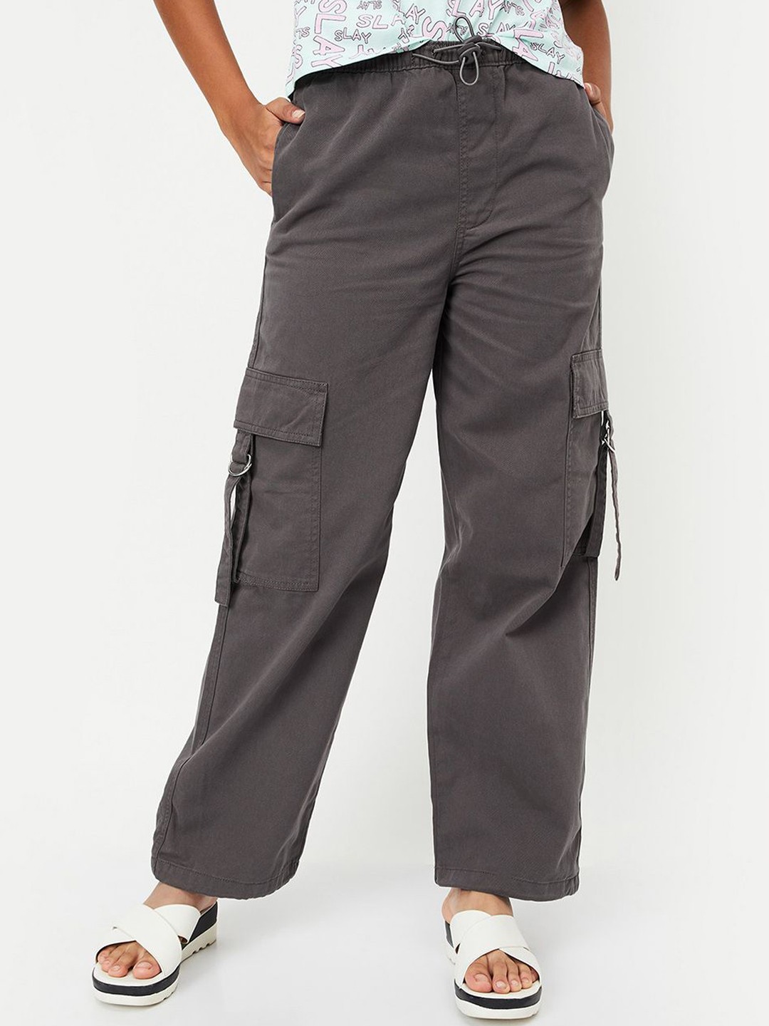 

max Girls Mid-Rise Pure Cotton Cargos, Grey