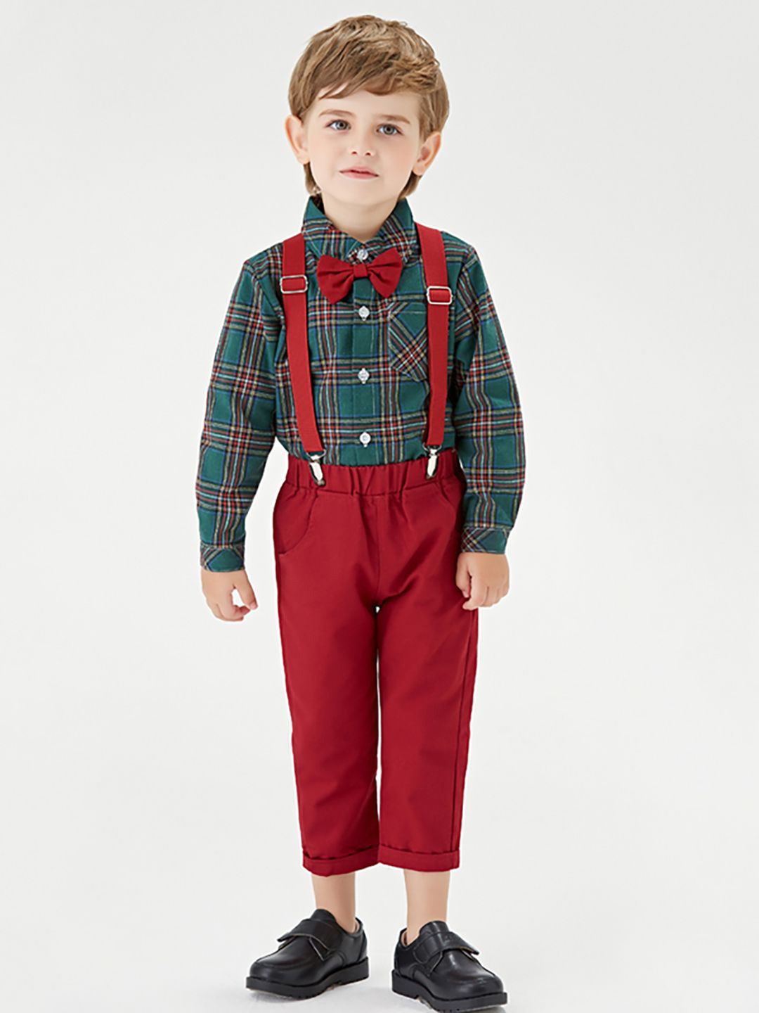 

JC SPARKLE Boys Checked Shirt With Shorts And Suspenders, Green