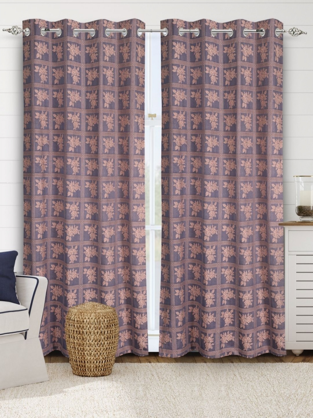 

Saral Home Blue & Beige 2 Pieces Floral Black Out Cotton Long Door Curtain