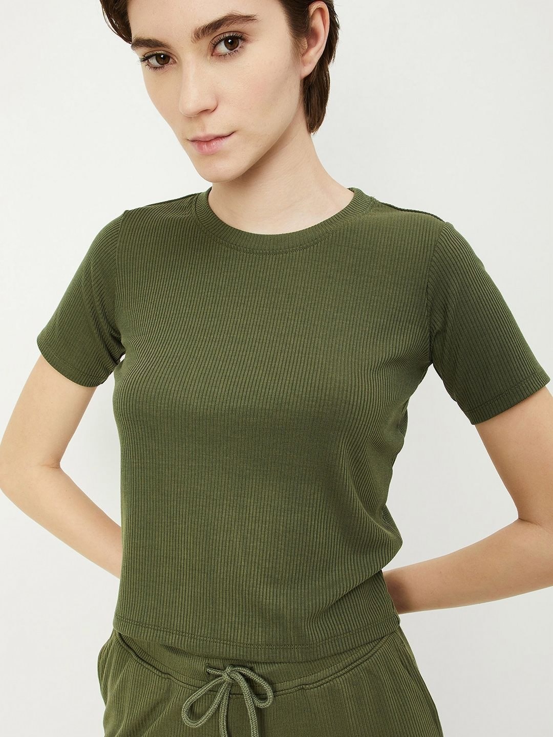 

max Women Self Design Round Neck T-shirt, Green